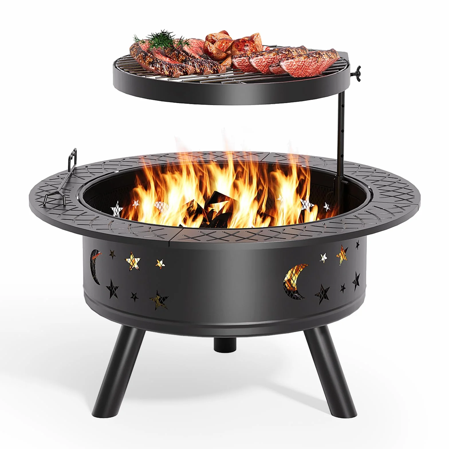 Xbro Palenisko z rusztem do grillowania i pogrzebaczem, Ø 91 cm, wielofunkcyjny kosz paleniskowy z pogrzebaczem do ogrodu, ogrzewania, tarasu, ogniska i na kemping, czarny