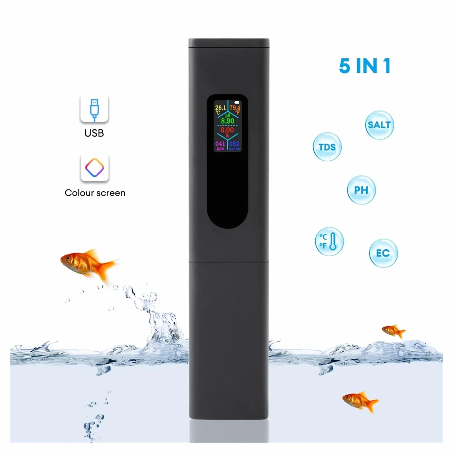 do wody pitnej, akwariów i nie tylko Rechargeable 5 in 1 Salinity/EC/TDS/PH Meter Digital Drinking Water Purity Quality Tester For Aquarium Hydroponics Typ/e-C Charge