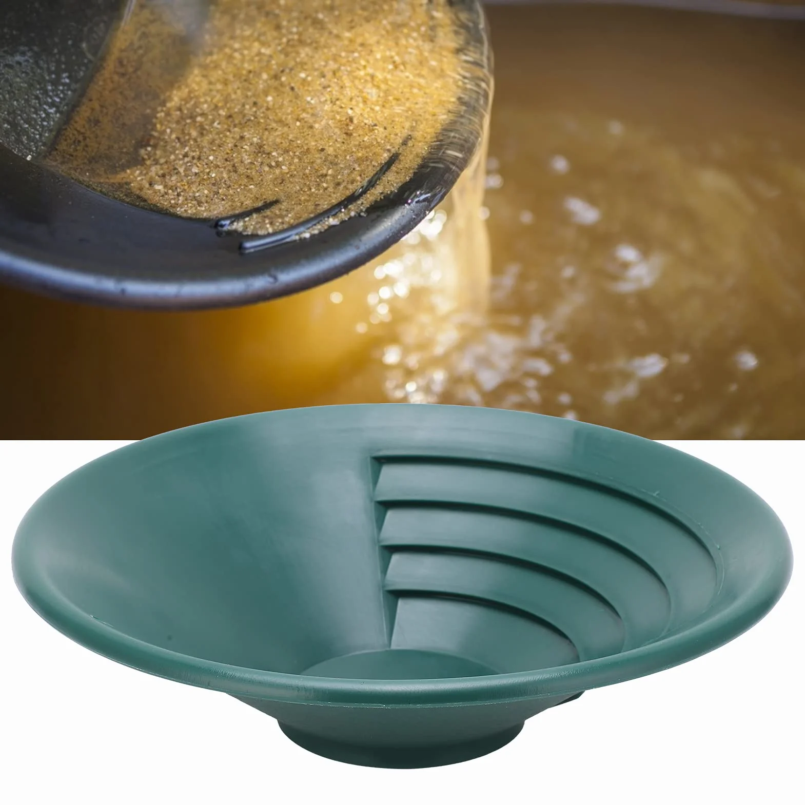 Złota Miska 260mm Zestaw dla Początkujących do Poszukiwania Złota z Tacą Sitkiem, Zielona, Plastikowa, Klasyfikator