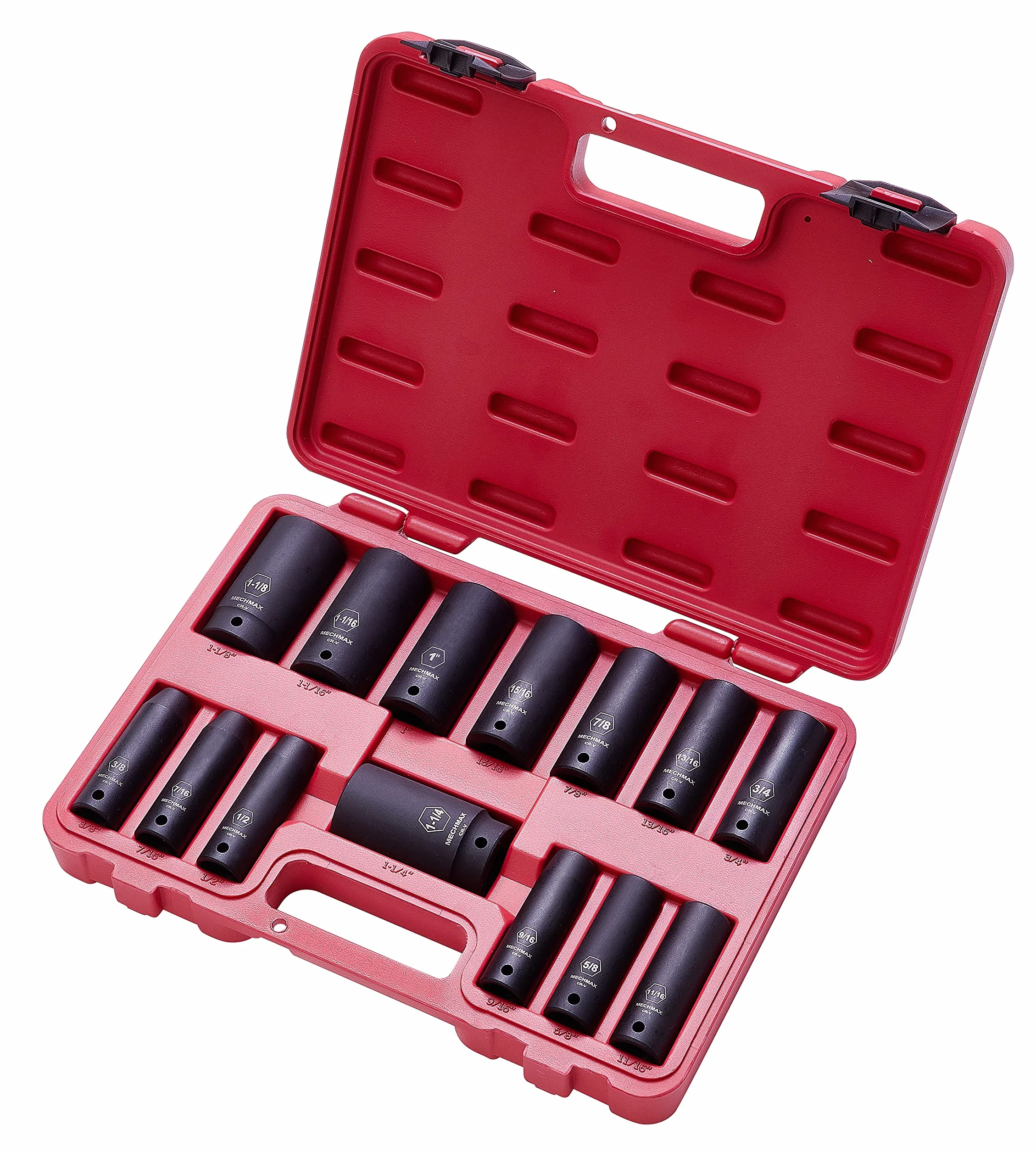 MECHMAX Zestaw nasadek udarowych 1/5.1 cm Napęd głęboki SAE rozmiary 14 sztuk, 3/8 - 1-1/4 w 6 punktach stal chromowo-wanadowa czarne wykończenie fosforanowe z pudełkiem narzędziowym do przechowywania