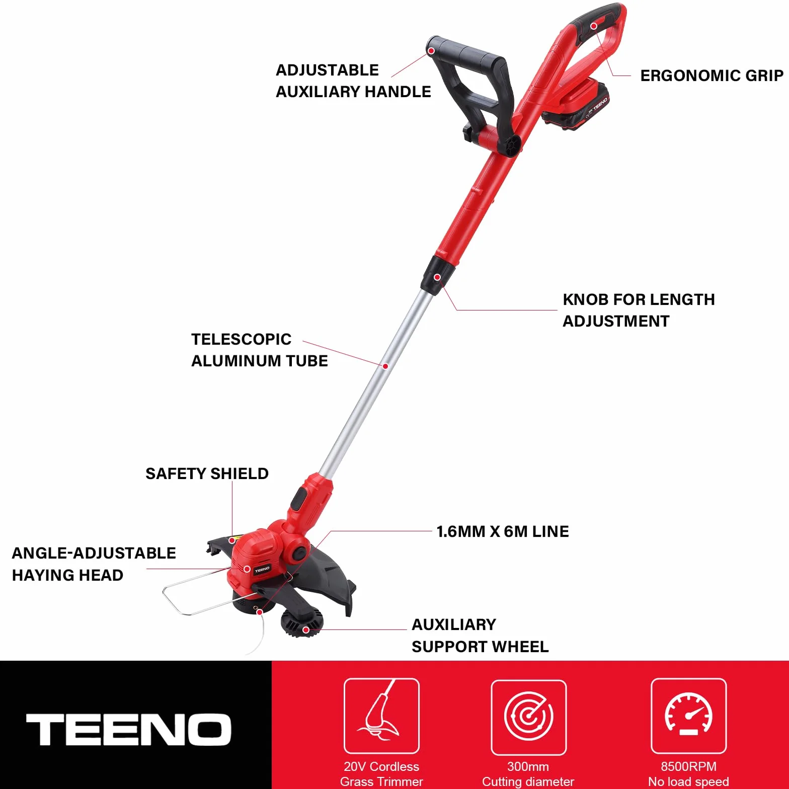 TEENO Bezprzewodowy trymer Rotofil 20 V 30 cm akumulatorowy do trawy 1x2 Ah z szybką ładowarką i uchwytem teleskopowym