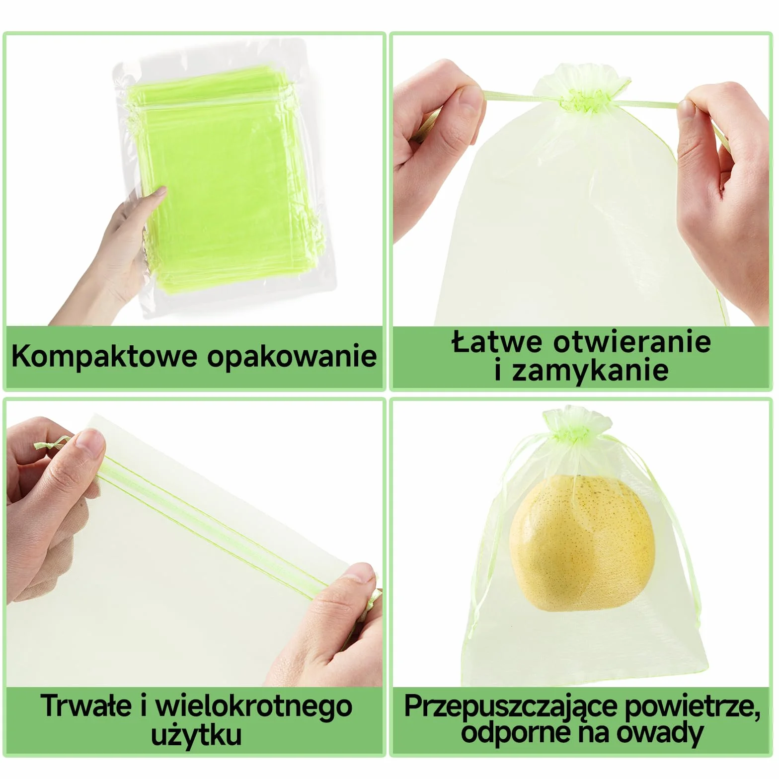 Siatki ochronne do owoców 20x30 cm woreczki z organzy zielone przeciw ptakom i owadom 50 szt.