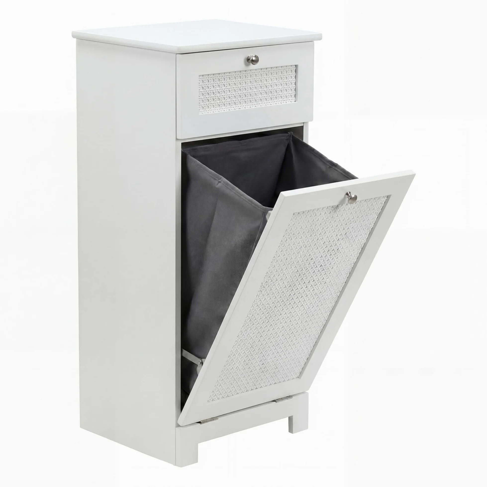 FineBuy Szafka na pranie Biała 38x90x40 cm Rattan Plecionka Szafka wnękowa Łazienka - Wąski kosz na pranie z drzwiami uchylnymi i szufladą - Szafka łazienkowa Pojemnik na pranie