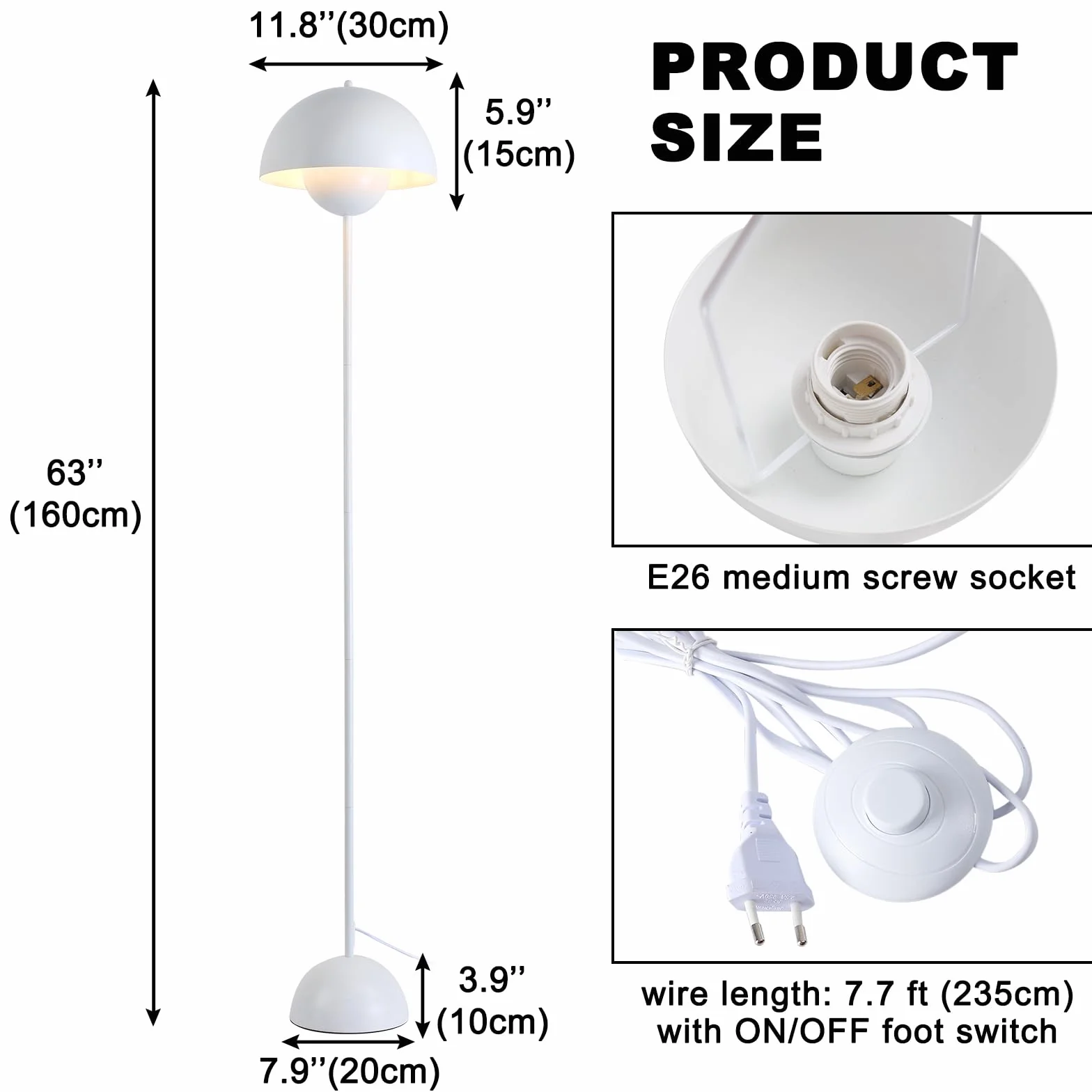 Alpinaluz Stalowa lampa podłogowa z wypukłym kloszem, styl skandynawski i retro, pośrednie oświetlenie skierowane w dół, gniazdo E27, przełącznik nożny, do salonu lub sypialni, biała