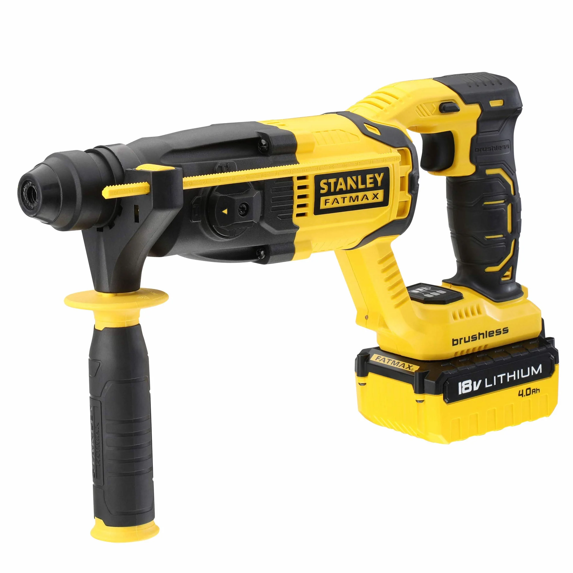 Stanley FATMAX Młotek udarowy SDS-Plus 18V BRUSHLESS z 1 baterią 4 Ah + 1 torbą 1,5J Prędkość 0-2,200 obr/min 5,775 ipm Wytrzymała i ergonomiczna seria FMCD900M1S-QW