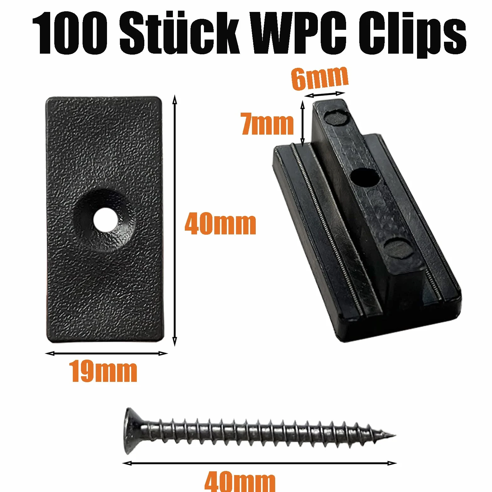 100 sztuk klipsów WPC, ukryte deski tarasowe, klipsy mocujące do desek tarasowych, 6 mm, tworzywo sztuczne do desek tarasowych WPC/BPC, czarny klips T z czarnymi śrubami