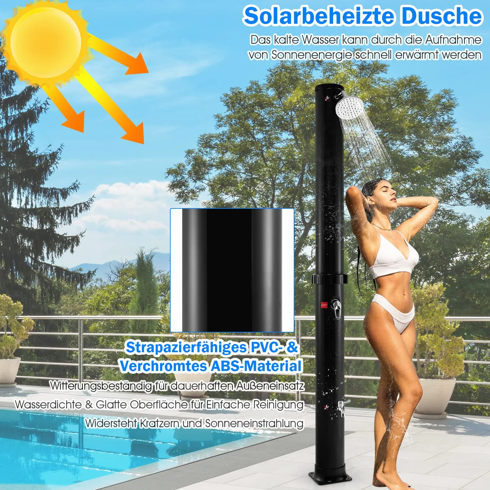 COSTWAY Prysznic solarny 38 l | 217,5 cm | do 60°C | prysznic ogrodowy z obrotową głowicą prysznicową i prysznicem nożnym | w zestawie przyłącze węża ogrodowego | prysznic zewnętrzny do basenu, na
