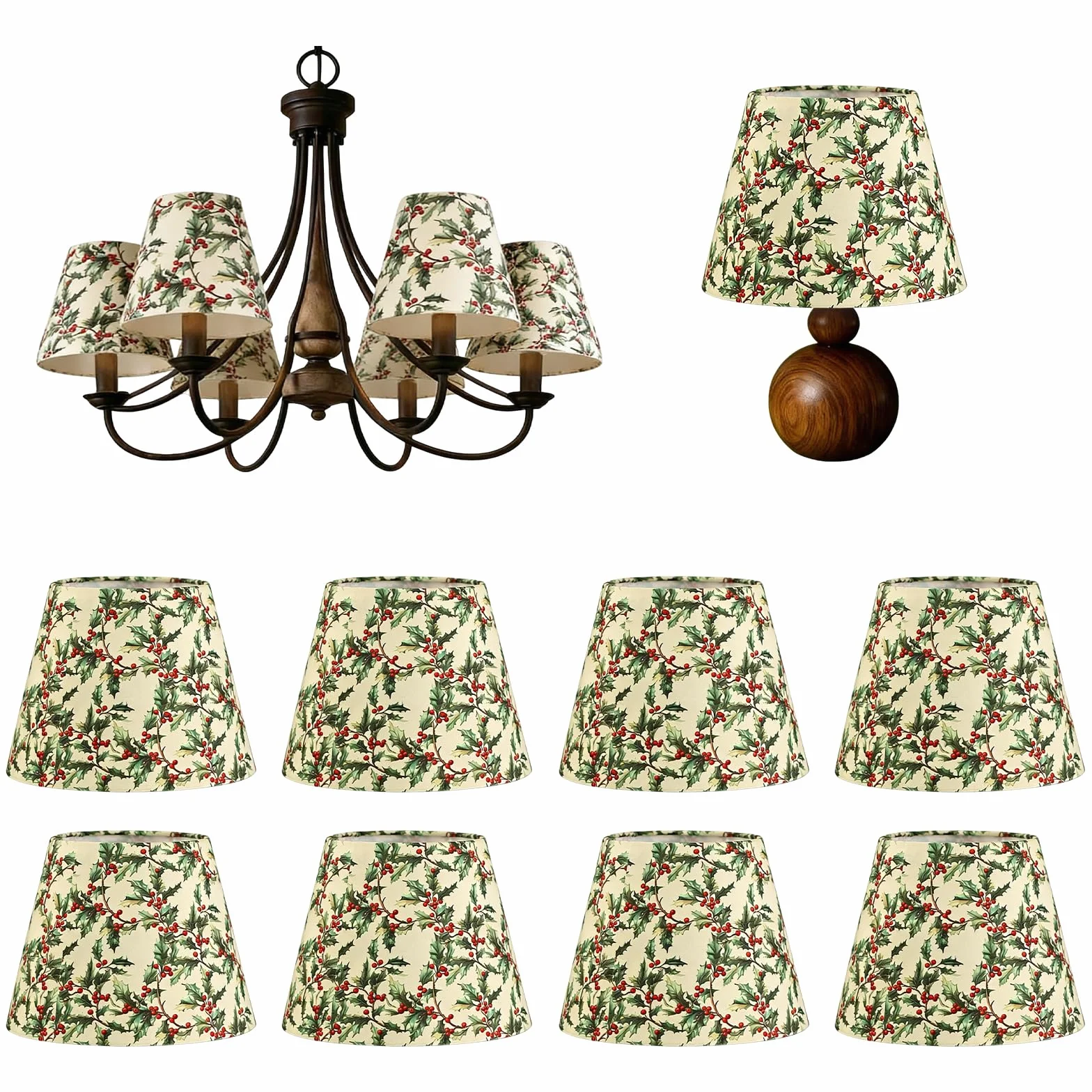 8 sztuk abażurów z klipsem, 5 x 10 x 8 cm, abażury materiałowe, klips, małe nowoczesne abażury do lamp stołowych, żyrandoli i kinkietów, E14/E27, zielony liść jagody