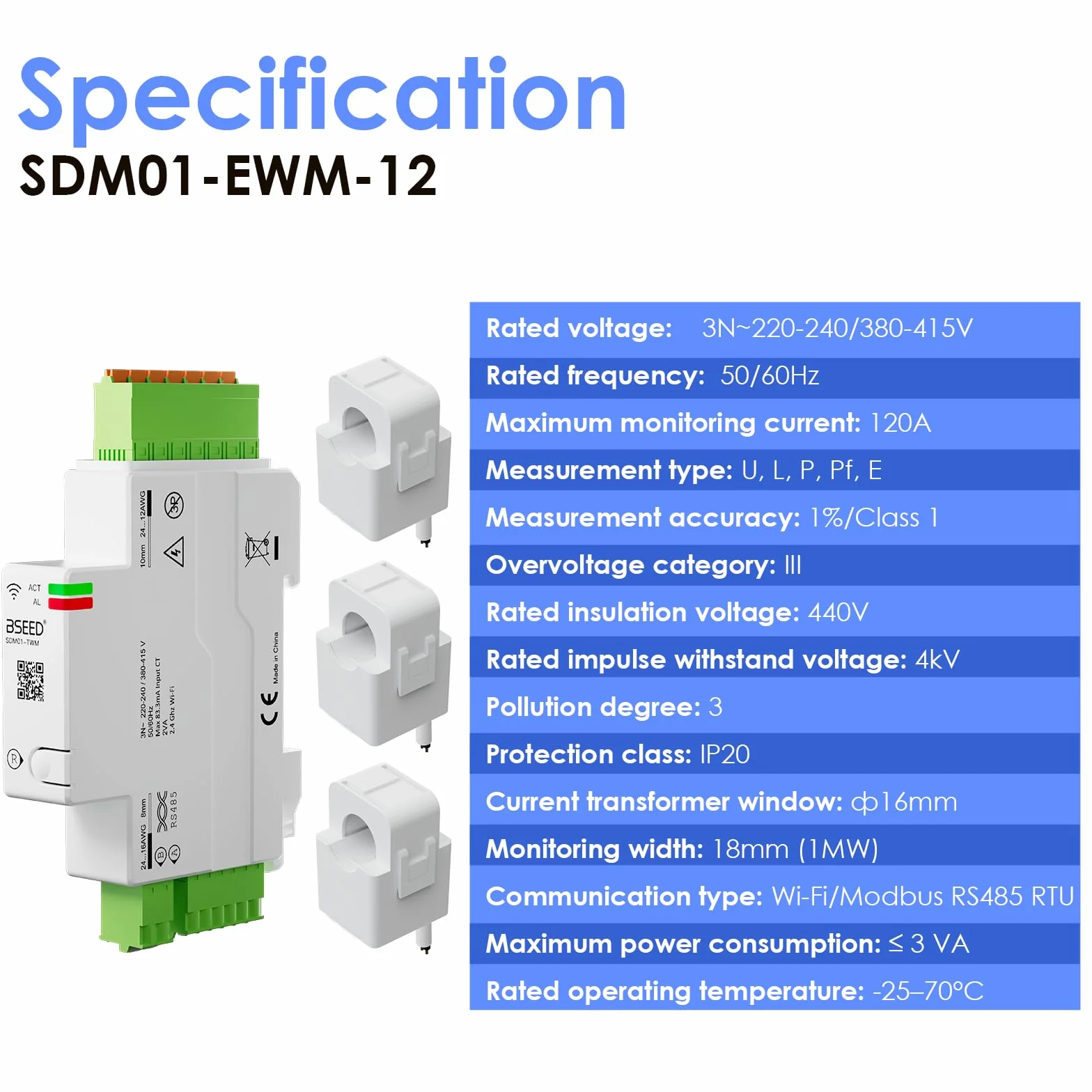 BSEED 3-fazowy inteligentny licznik prądu, 120A szyna DIN WLAN licznik energii z pomiarem zużycia prądu, Modbus RS485 RTU, zdalne sterowanie APP, przechowywanie danych, monitorowanie solarne