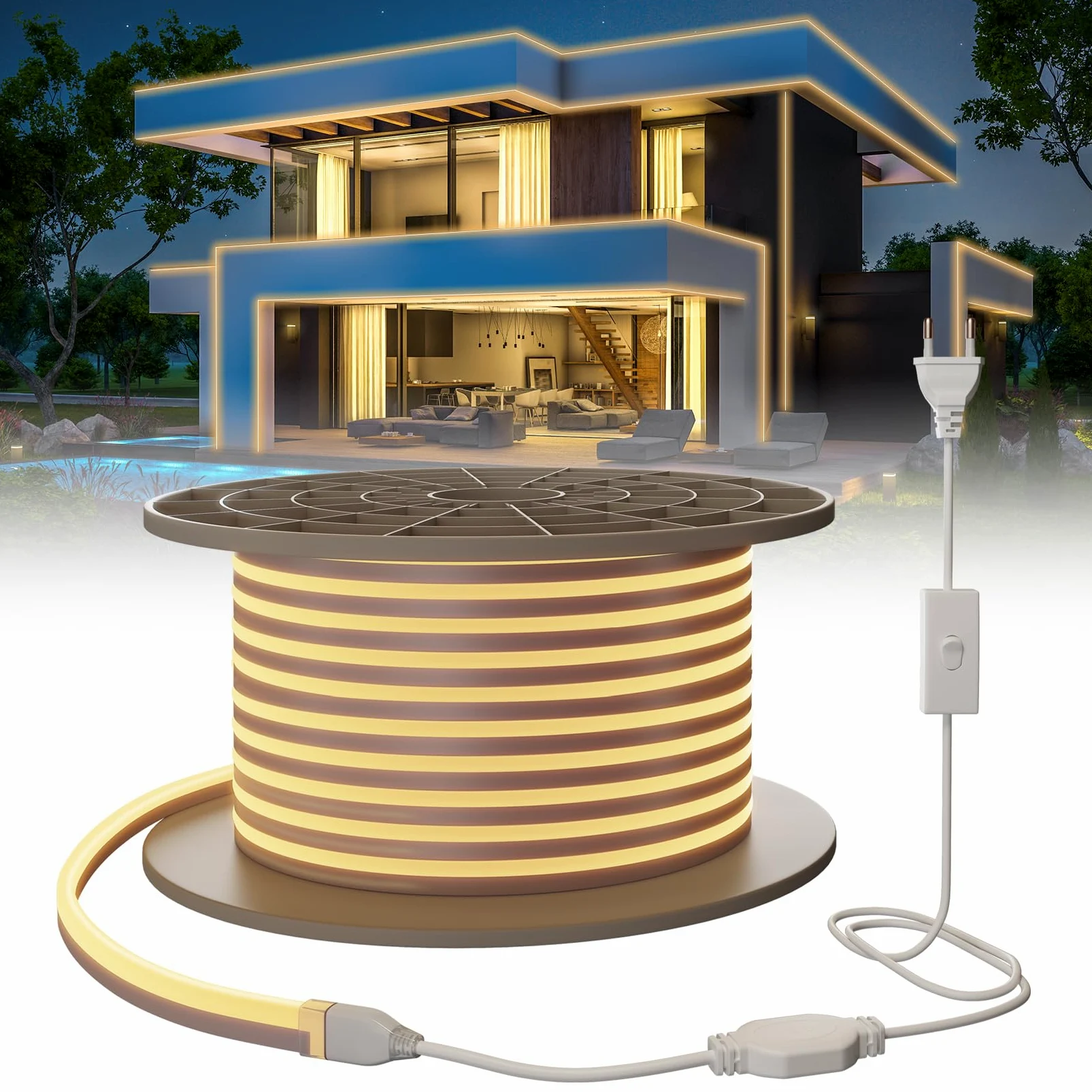 Neonowa Taśma LED 30m, 230V Wodoodporna Ognioodporna IP65 Ciepła Biel 3000K Łańcuch świetlny LEDs 120 LEDs/m Elastyczna Taśma świetlna DIY Z Zasilaczem Domu, Imprezę, Kuchni, Zewnątrz