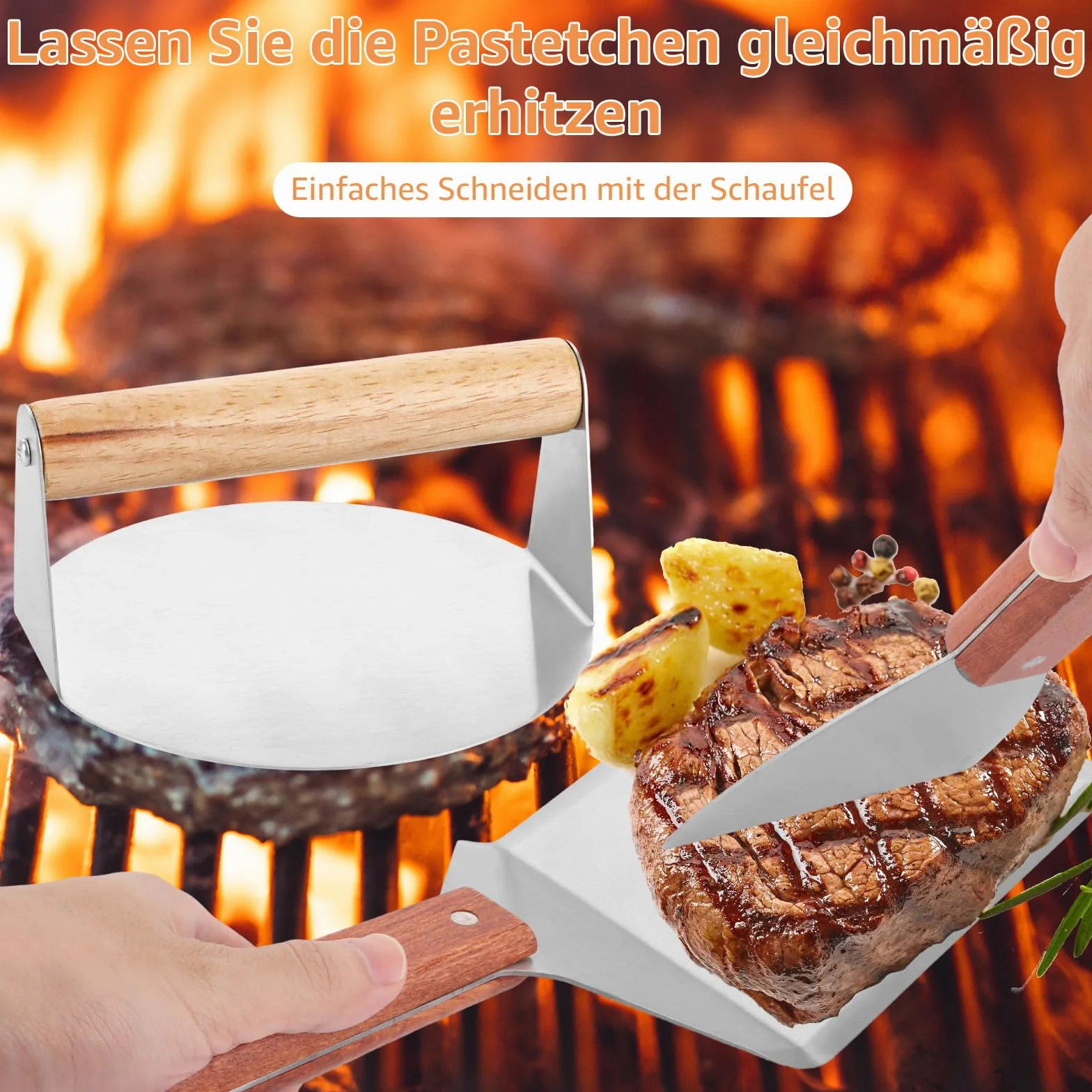 3-częściowy zestaw do hamburgerów z prasą stal nierdzewna i 2 szpatułki do grilla