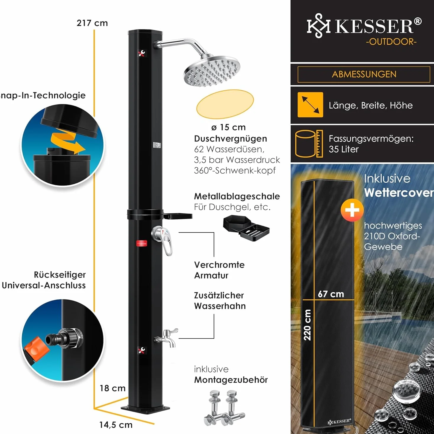 KESSER Prysznic solarny 35 l ciepła woda 60 °C prysznic basenowy bezprzewodowy kempingowy deszczownica kran