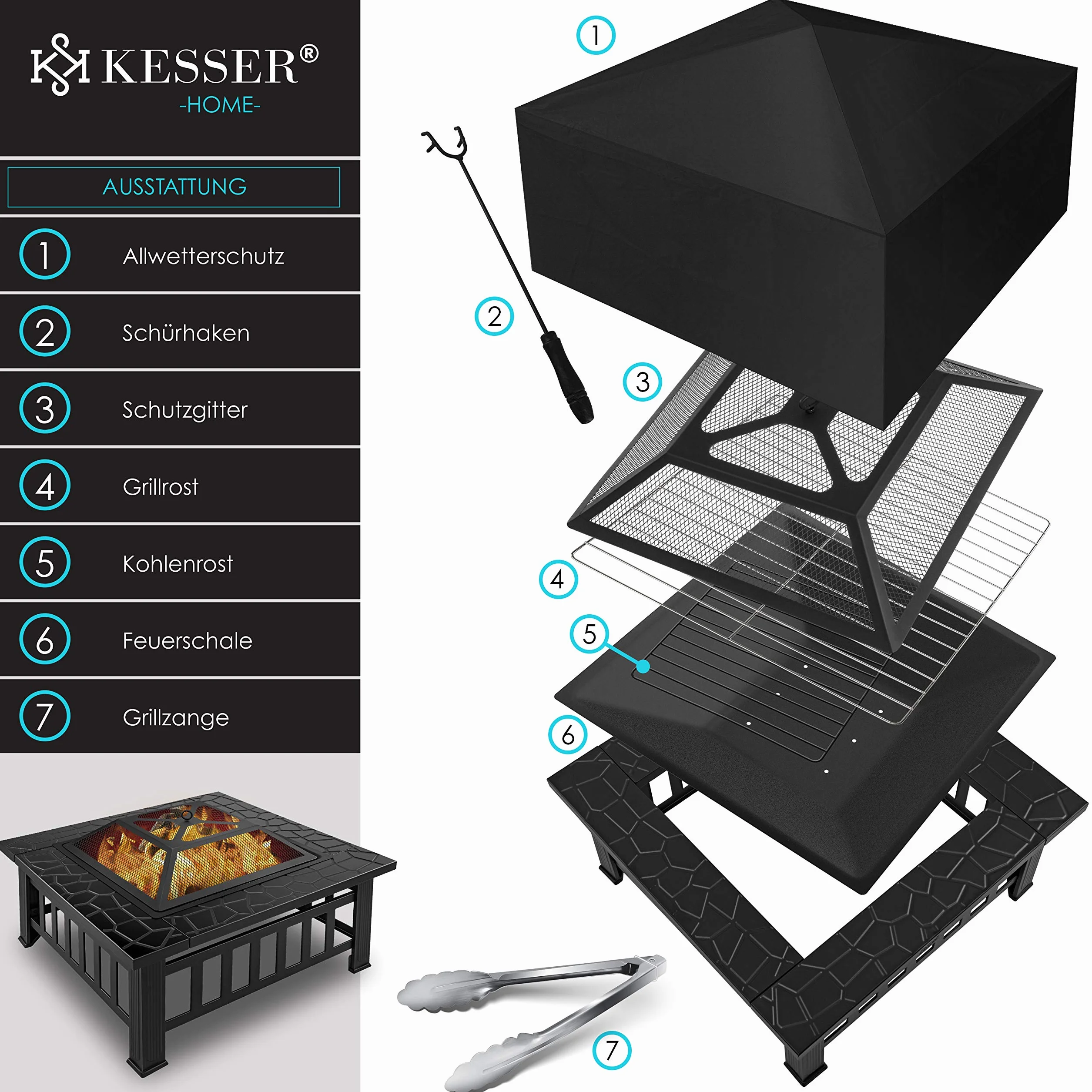 KESSER® Palenisko z rusztem do grillowania i szczypcami do grilla, koksownik 82 x 82 x 50 cm, 3 w 1, do ogrzewania/BBQ, do ogrodu, na taras, metalowy kosz z pokrowcem ochronnym, ochrona przed iskrami