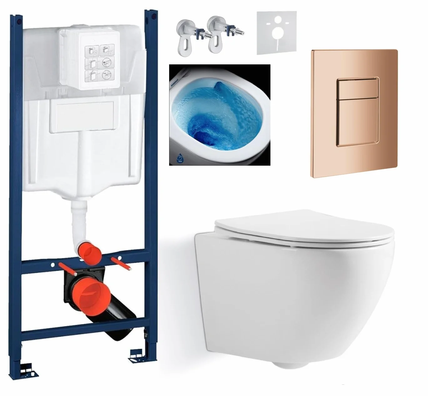 Kompletny zestaw Imprese 5w1 – stelaż podtynkowy + miska WC bezkołnierzowa BLATNA TWIST TORNADO + deska sedesowa wolnoopadająca Slim + miedziany błyszczący przycisk + mata + zestaw montażowy