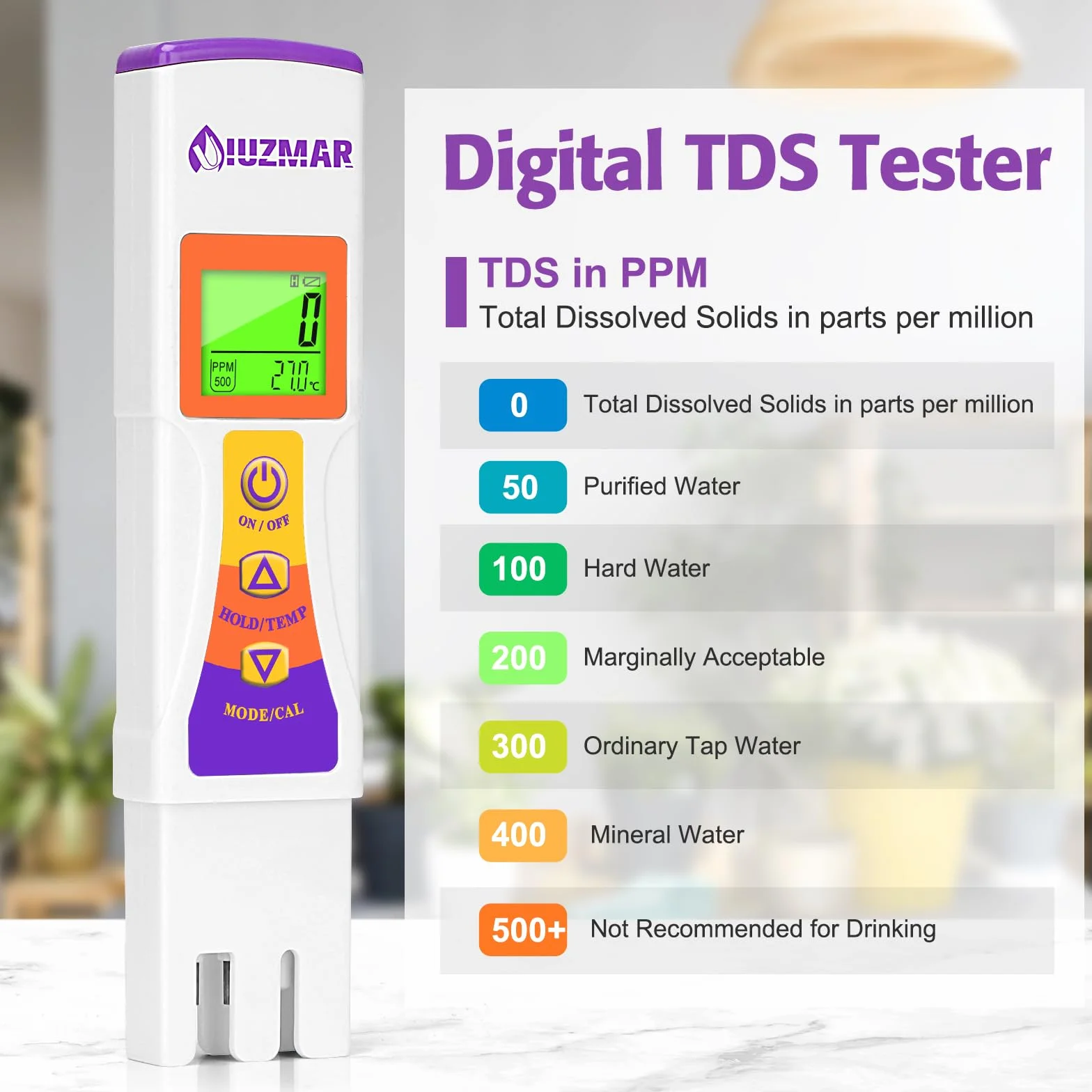 UIUZMAR Cyfrowy miernik TDS wody, tester wody pitnej, wody z kranu, 3 w 1 PPM EC miernik temperatury z wyświetlaczem LCD, nadaje się do filtrowanej wody, systemów RO, wody ze studni