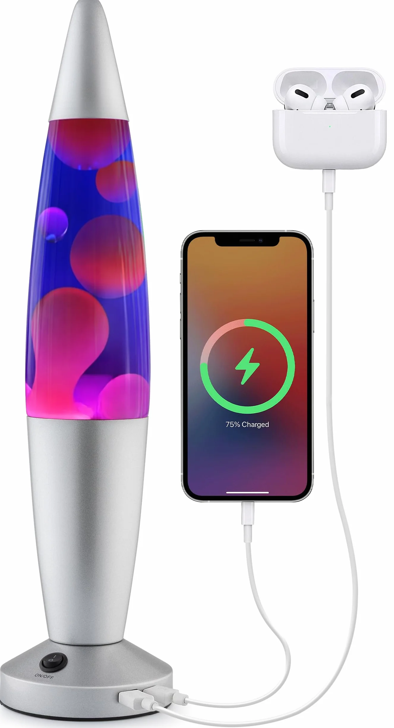 JAMBO Lampa z płynnym ruchem USB, nastrojowa lampa, wystrój domu, lampa do salonu, uspokajające światło ruchu, relaksująca lampka nocna, lampka nocna, 40 cm z portami USB (srebrna podstawa, niebieski