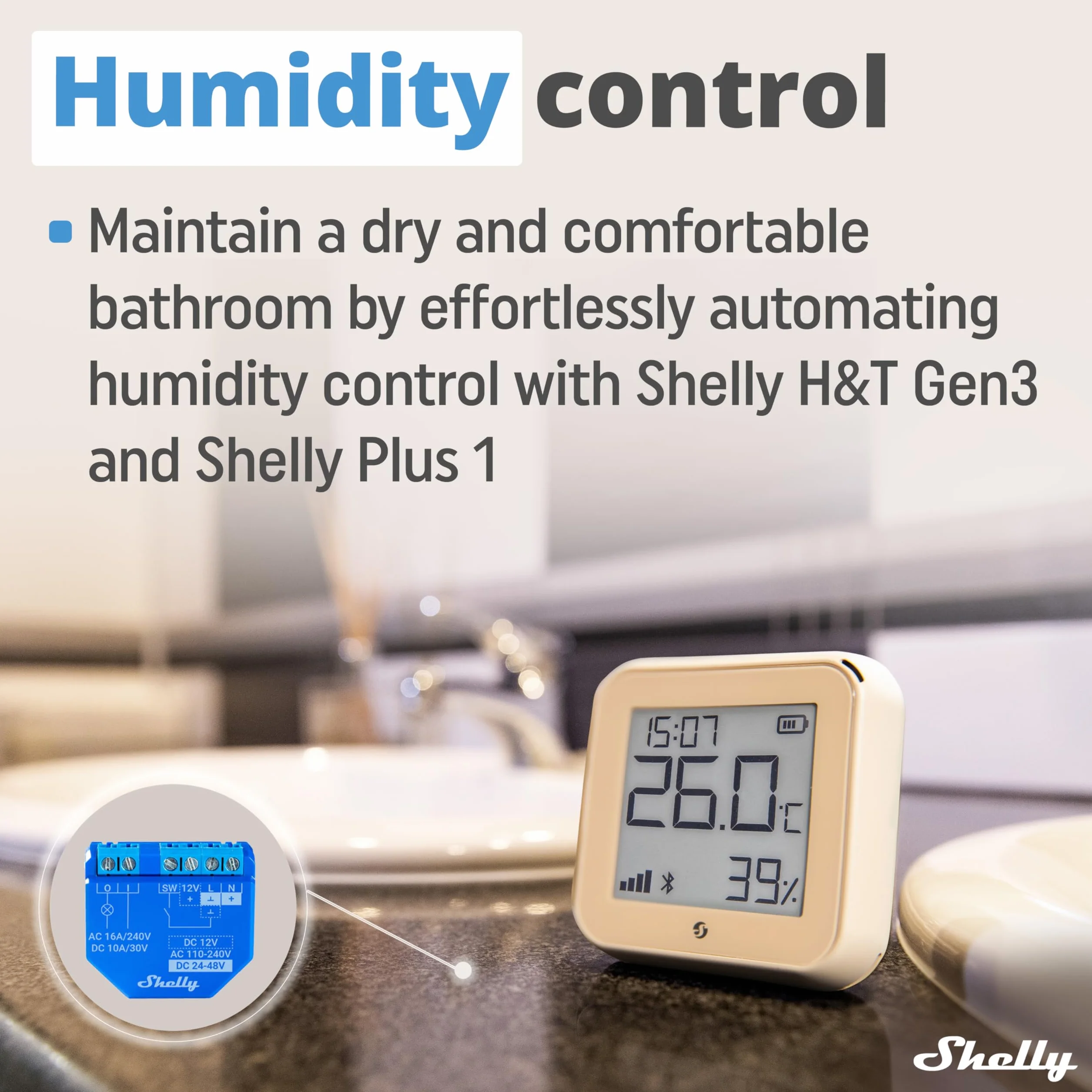 Shelly H&T Gen3 Mokka -Czujnik Temperatury,Wilgotności Wi-Fi,Bluetooth,Automatyka Domowa,Nie Jest Wymagany Żaden Koncentrator,Długi Czas Pracy Baterii,Możliwość Montażu Na Ścianie