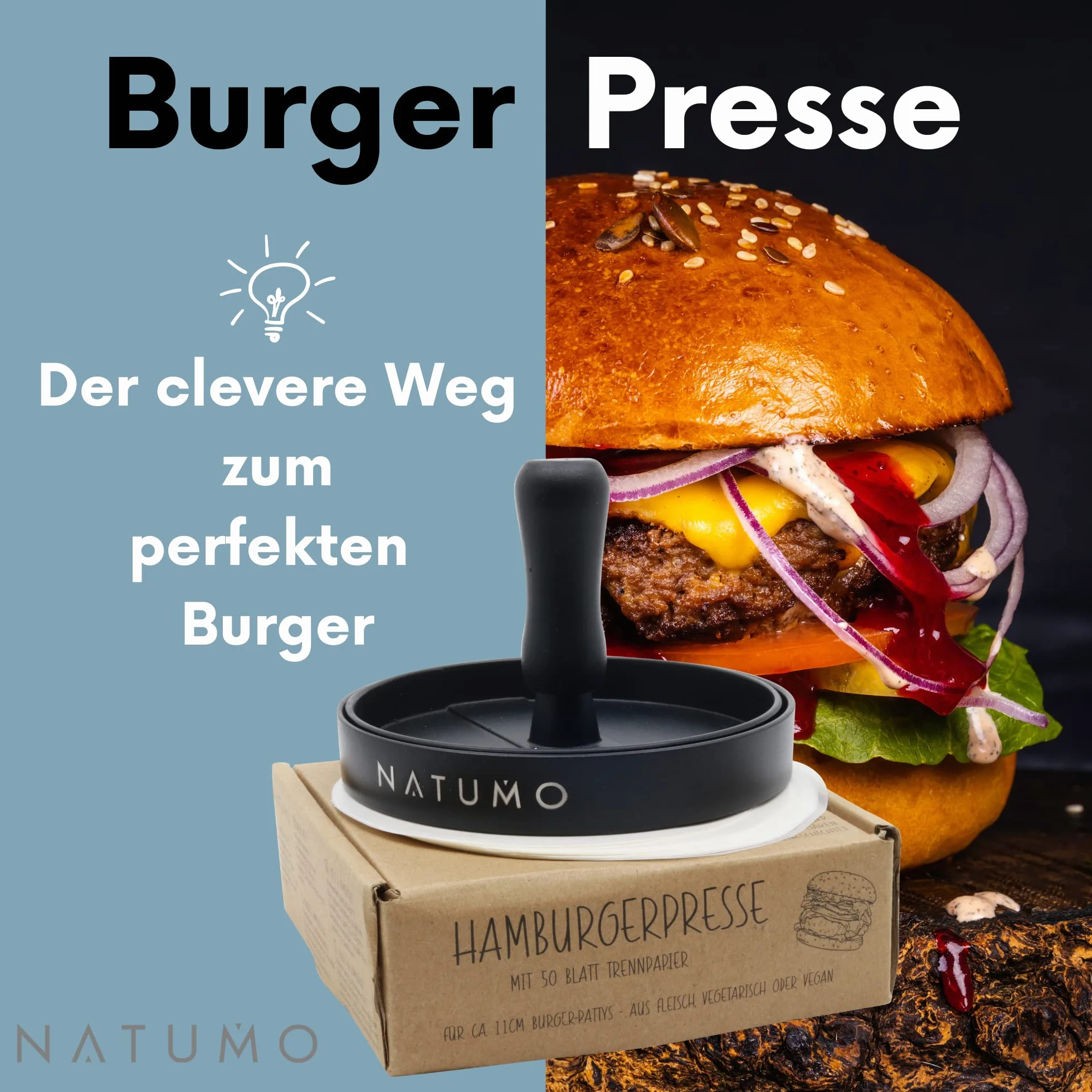 NATUMO prasa do burgerów Ø 11cm 200g z antyprzywarającą powłoką zestaw