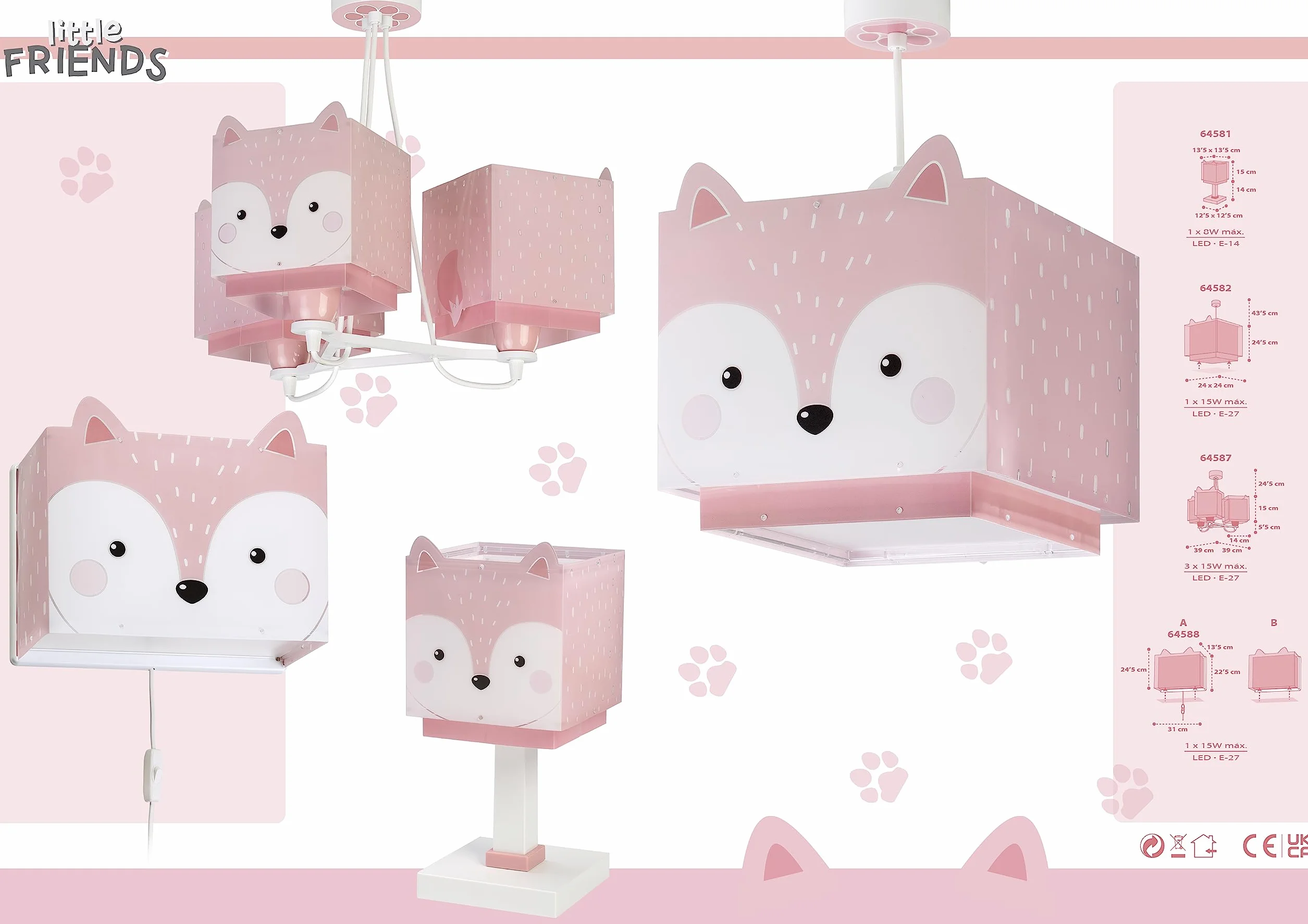 Dalber Lampa dziecięca lampa wisząca 3 światła Little Fox lis zwierzęta, różowa