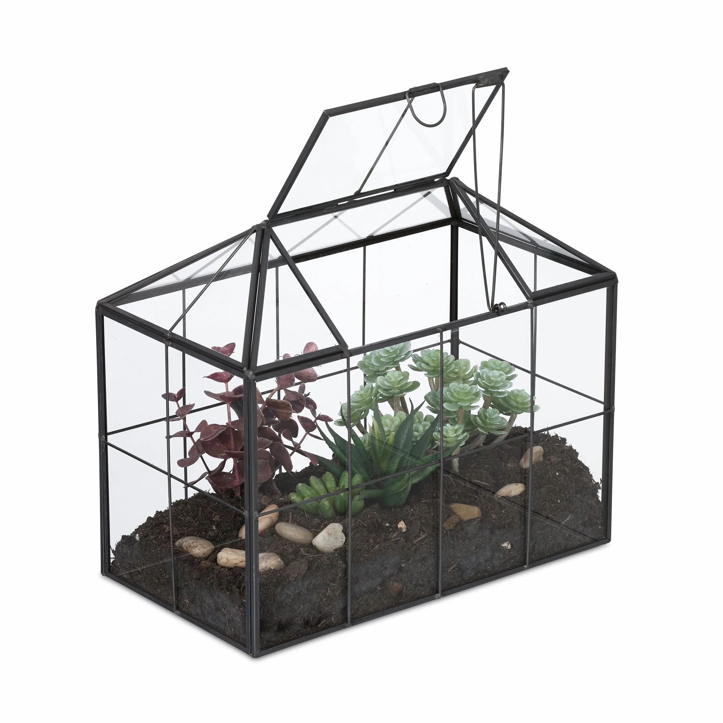 Relaxdays Terrarium roślinne szklane z cyny dekoracyjny domek na kaktusy i mech czarna