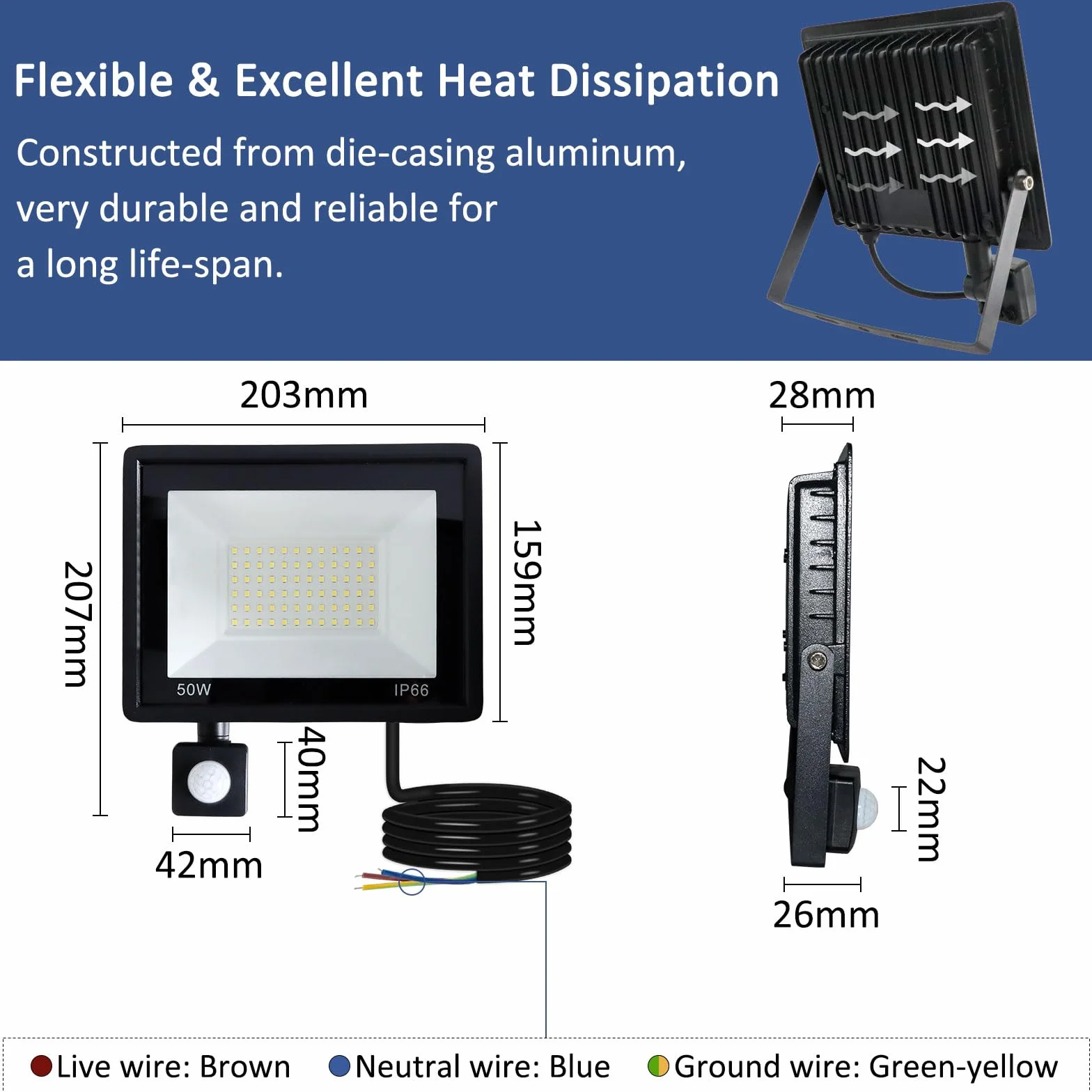 Caldarax Zewnętrzny reflektor LED z czujnikiem ruchu 50 W, 4500 lm, zimna biel, 6500 K, zewnętrzny reflektor LED z czujnikiem, wodoszczelność IP66, oświetlenie bezpieczeństwa do garażu, ogrodu, na