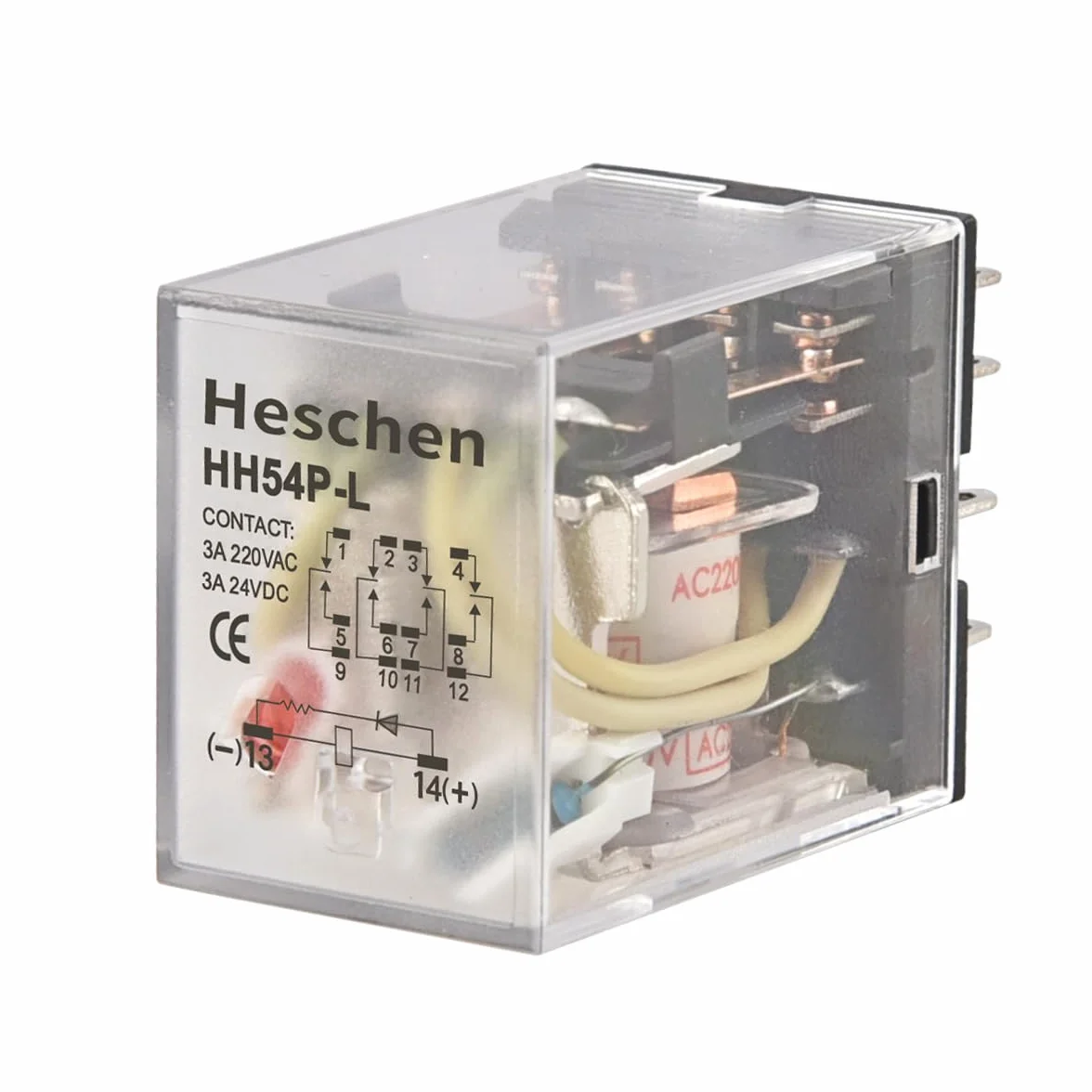 Heschen Gereral Purpose przekaźnik mocy, HH54P-L, cewka 220VAC, 3A 220VAC/24VDC, 4PDT, zaciski 14-pinowe, wskaźnik LED
