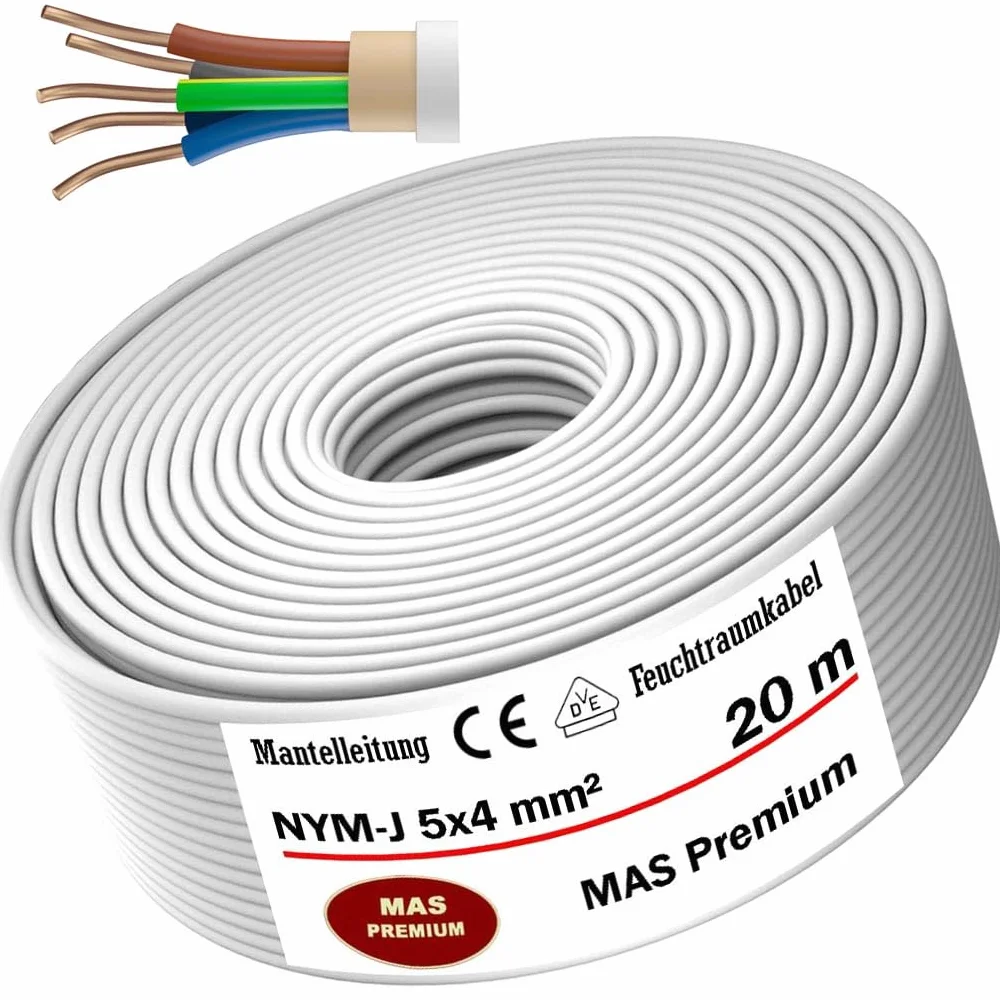 MAS Premium Kabel zasilający do wilgotnych pomieszczeń, kabel zasilający 5-170 m, przewód płaszczowy NYM-J 5 x 1,5, 2,5, 4, 6, 10 lub 16 kabel elektryczny pierścień do stałego układania (NYM-J 5 x 4