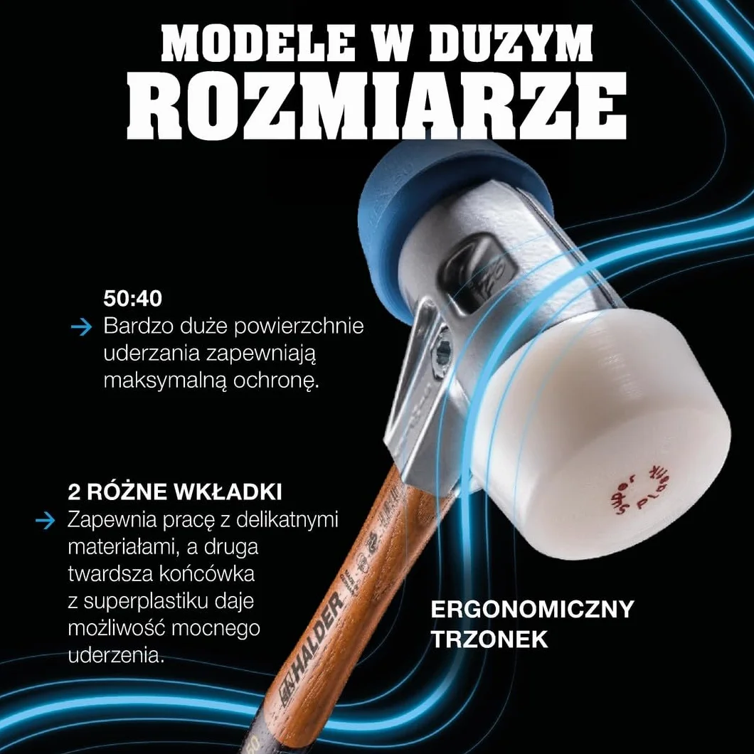 Halder 3017.051 50:40 młotek z ponadwymiarowymi miękkimi niebieskimi gumami i wkładkami do twarzy z superplastycznymi