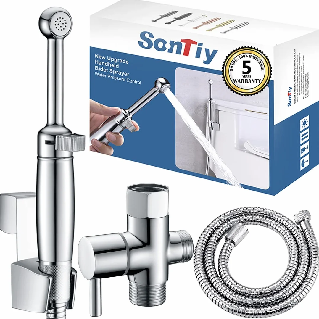 SonTiy Mosiężny ręczny opryskiwacz bidetowy do toalety, pieluchy, bidet, nasadka do bidetu, chromowany, 5-letnia