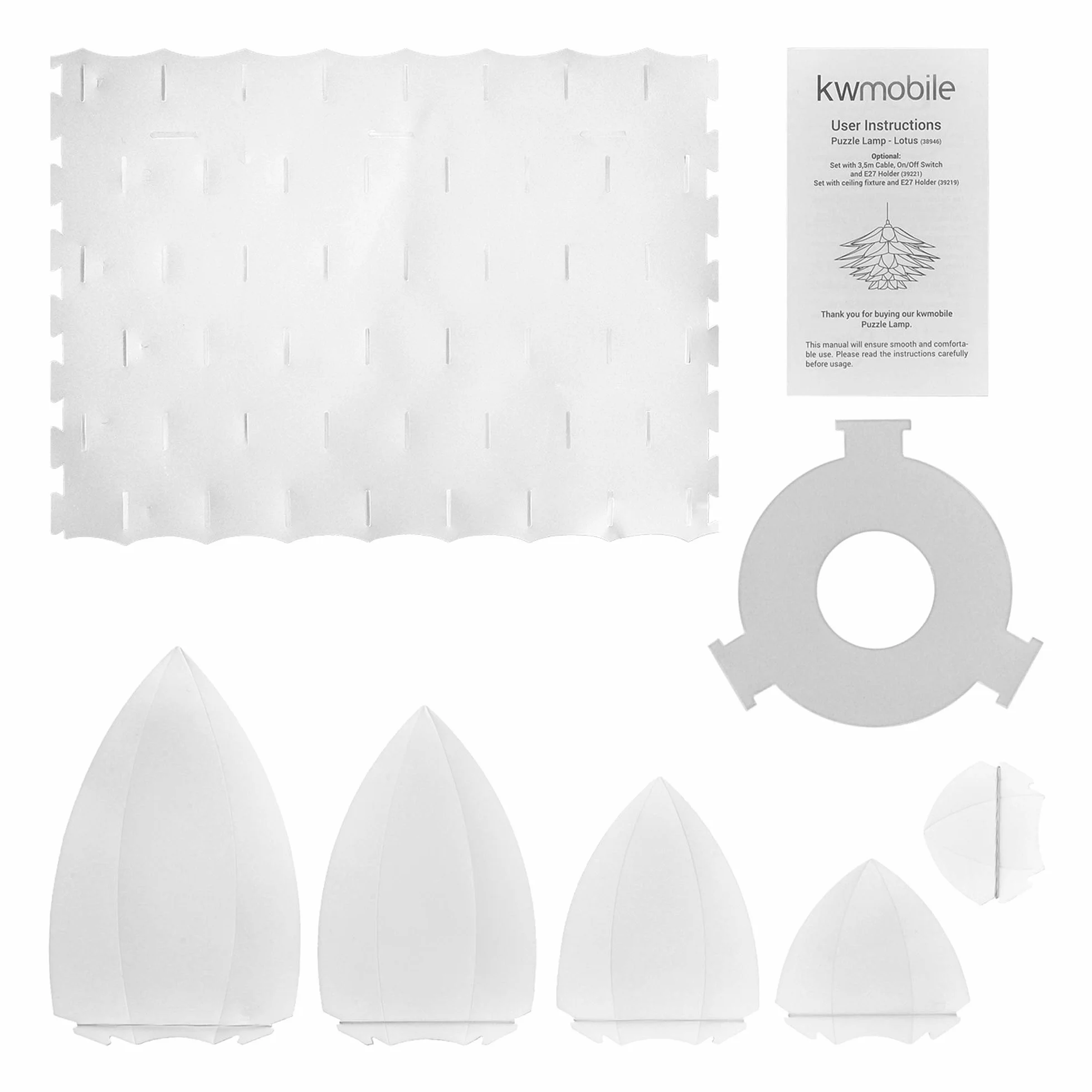 kwmobile Wisząca abażur, motyw puzzli – kwiat lotosu DIY, zestaw abażurów do wiszących lampy sufitowej lub lampy podłogowej, średnica 50 cm, biała