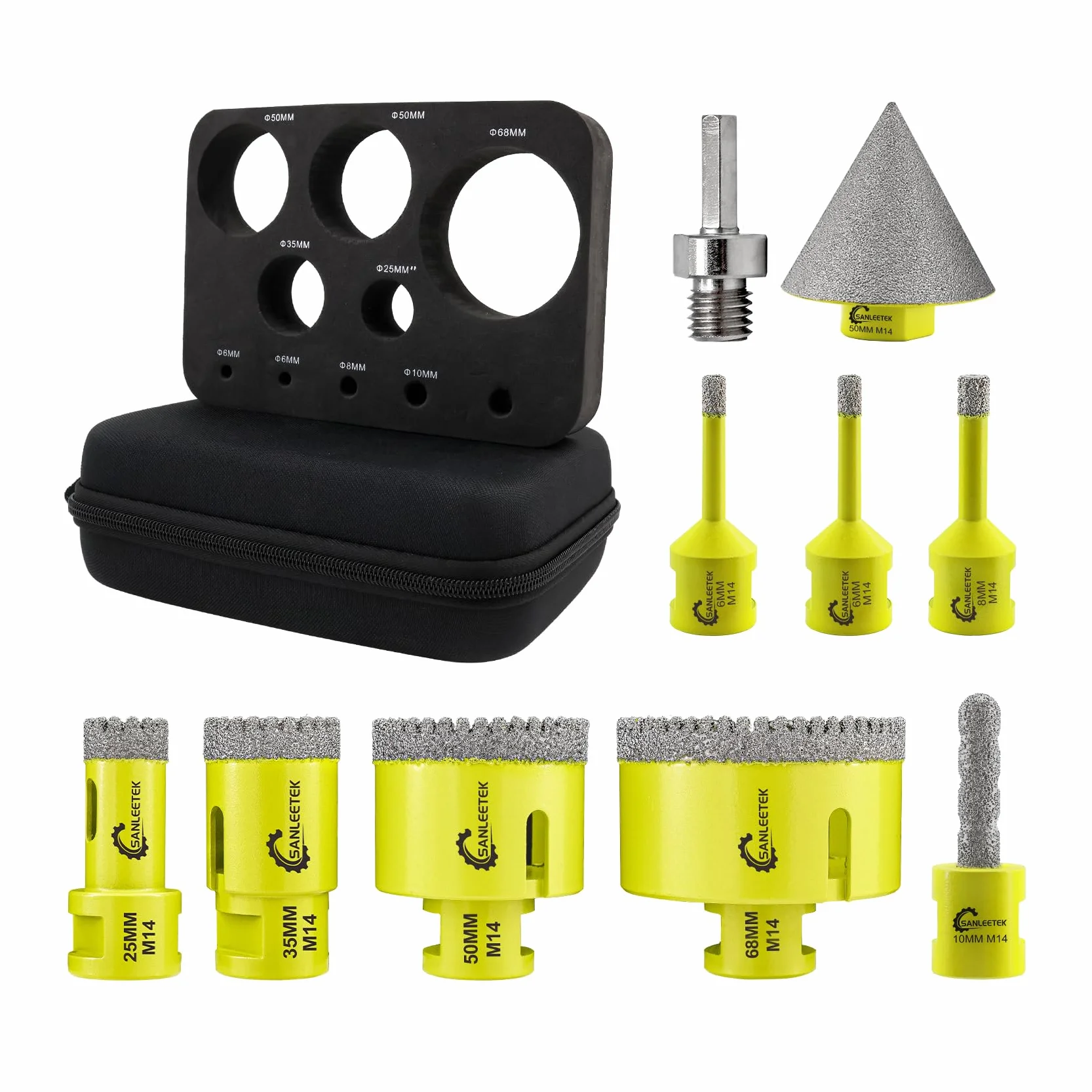 Diamentowa koronka wiertnicza 10 sztuk (6/6/8/25/35/50/68 mm + 10 mm diamentowe frezy palcowe + 50 mm diamentowe wiertło fazowe + adapter sześciokątny), ząbkowana otwornica do porcelany, płytek