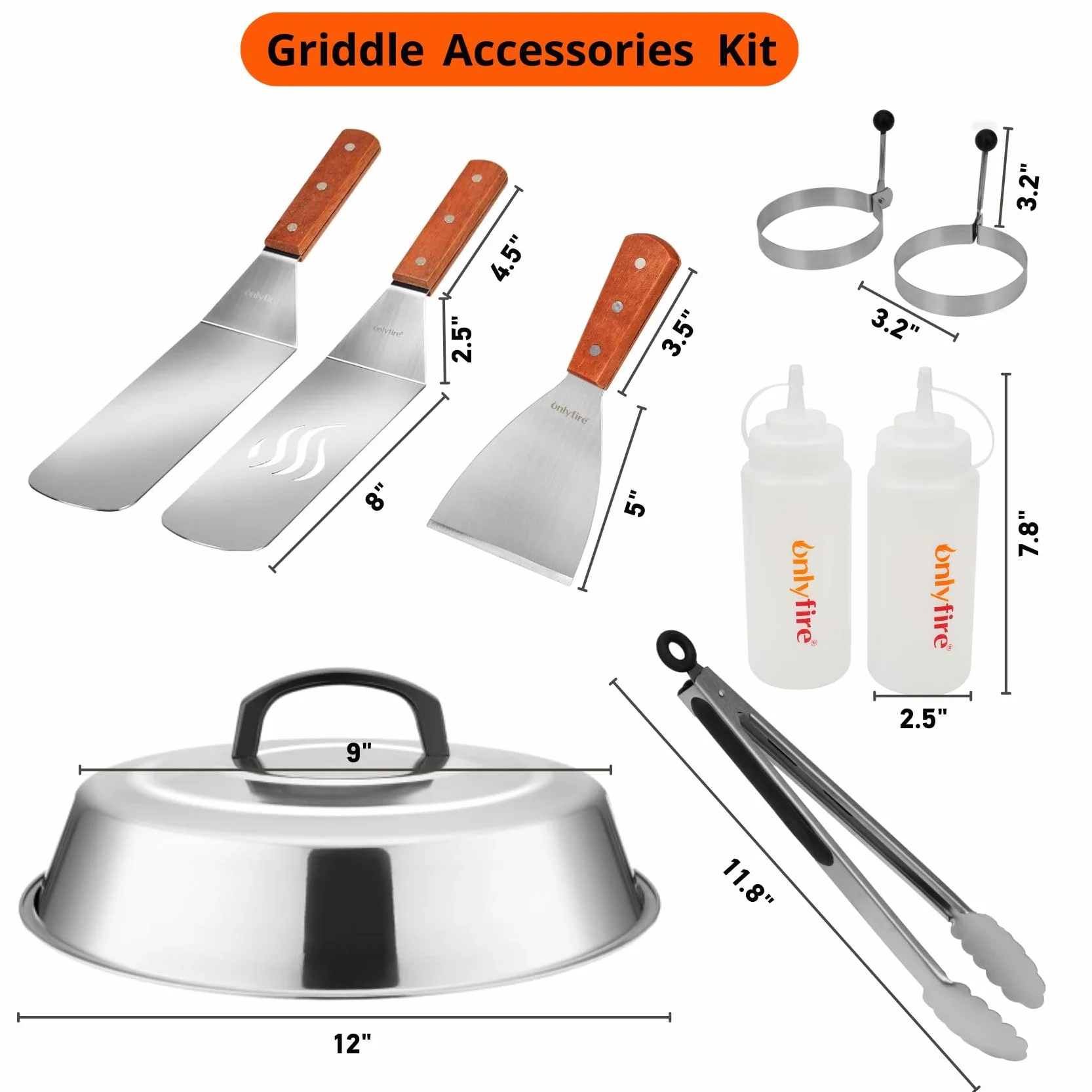 Onlyfire FPA-5117 9-częściowy zestaw akcesoriów do grilla Plancha ze stali nierdzewnej, z dzwonkiem do ciepła, łopatką do patelni, szczypcami do grilla, butelkami natryskowymi, foremkami do jajek