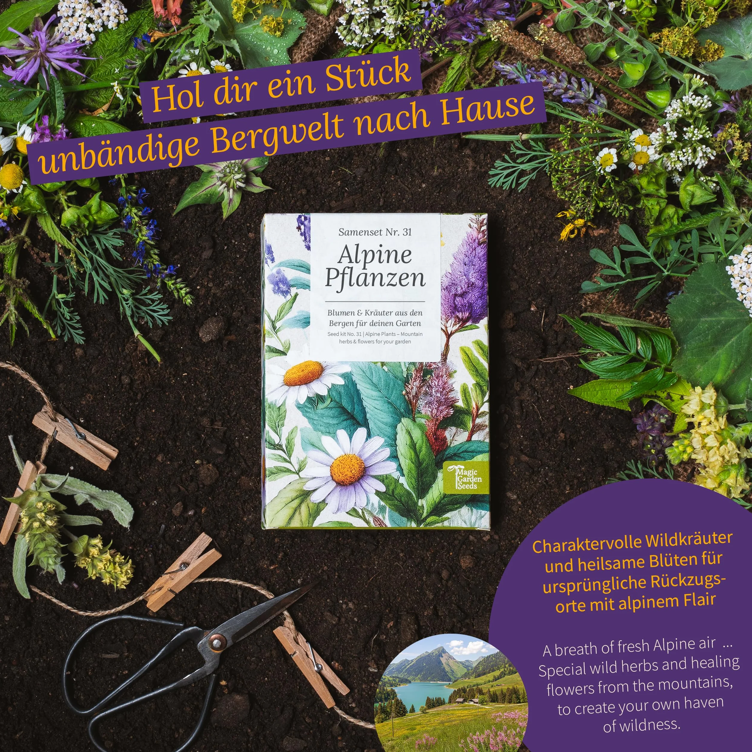 Magic Garden Seeds Pudełko z nasionami roślin alpejskich 9 odmian dzikie kwiaty zioła górskie