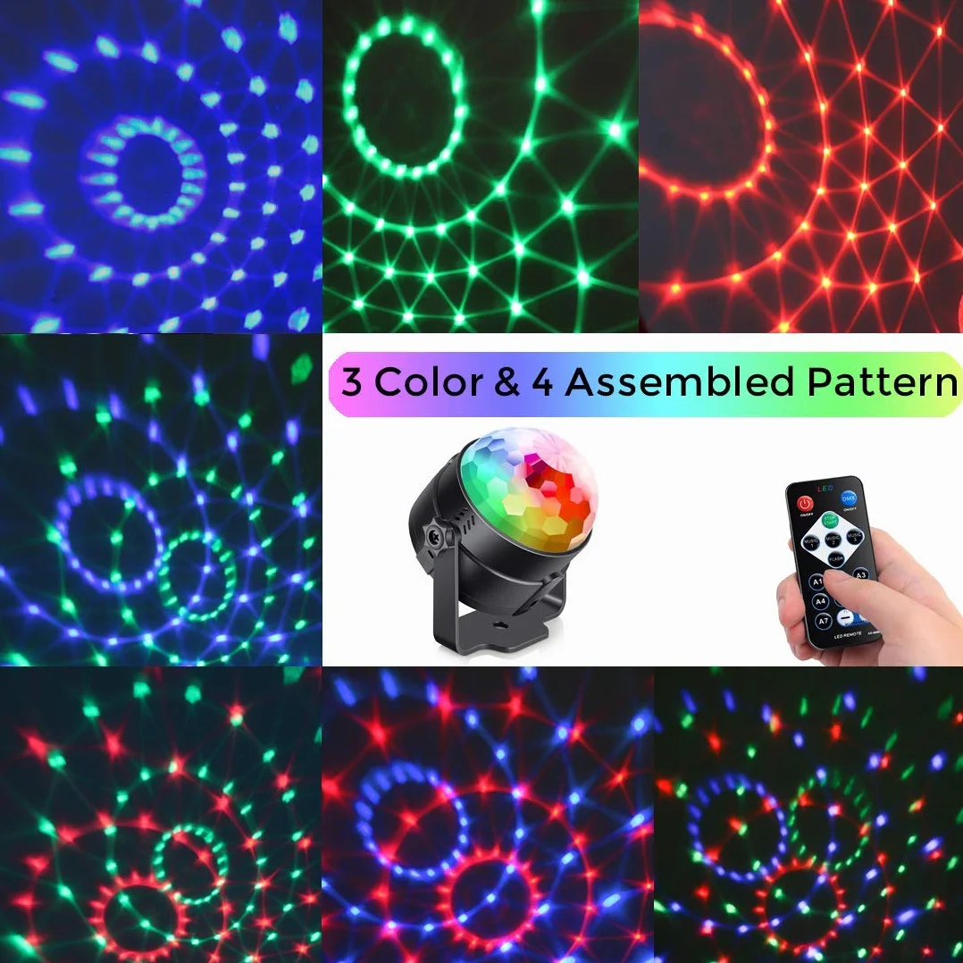 LED kula fasetowana disco regulacja dźwięku mała obrotowa lampa disco 360° 3W 7 kolorów RGB z pilotem zdalnego sterowania Nadaje się do gier oświetleniowych na wieczór, rodzinne przyjęcia urodzinowe,