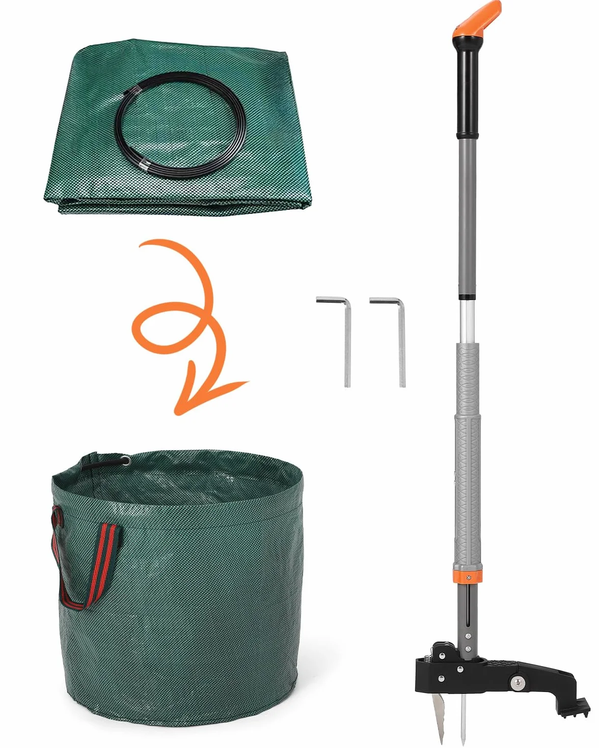 HAUSPROFI Wycinacz do chwastów z trzonkiem teleskopowym (długość 91 cm – 117 cm) + worek ogrodowy 50 l, z 4 pazurami ze stali nierdzewnej, automatyczne odwracanie
