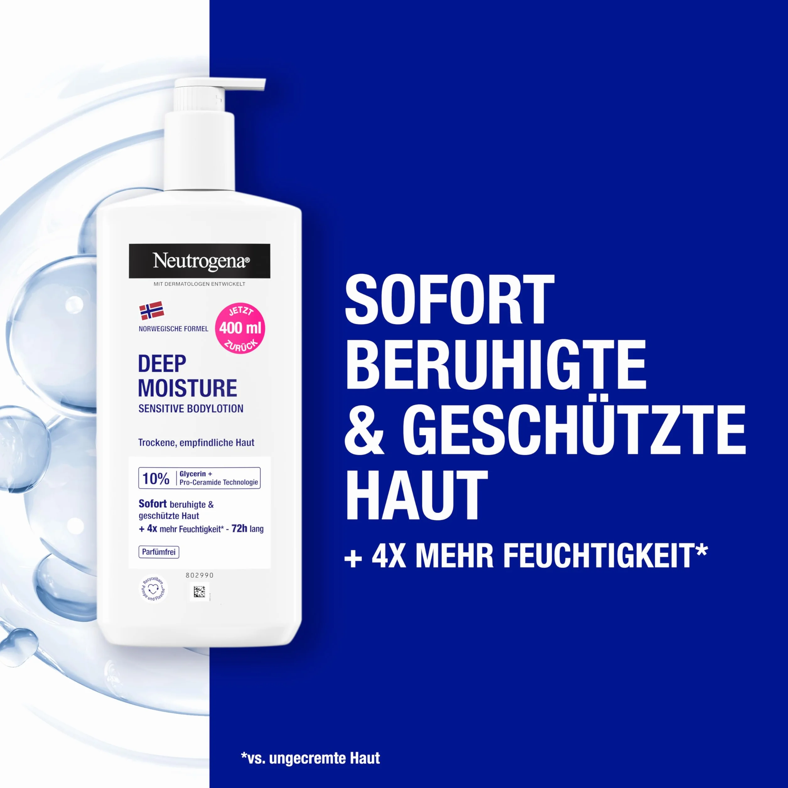 Neutrogena Norweska formuła Deep Moisture Sensitive balsam do ciała (400 ml) do suchej i wrażliwej skóry z 10% gliceryną i technologią Pro-Ceramide