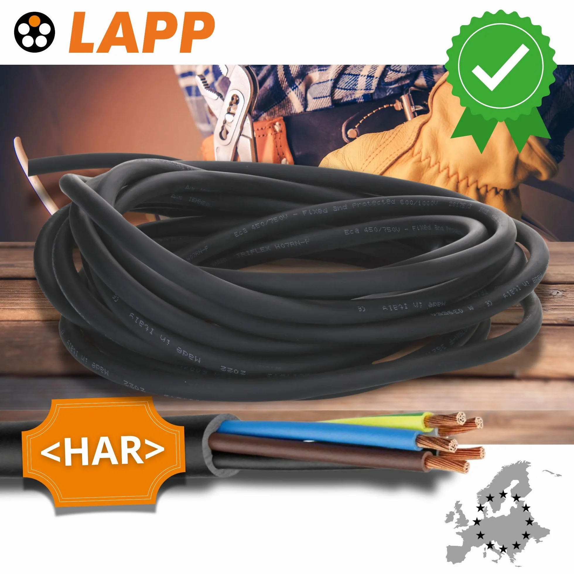 10 metrów Lapp 1600152 H07RN-F 7 x 2,5 mm², przewód gumowy, elastyczny z przewodem ochronnym, odporny na promieniowanie UV, do użytku na zewnątrz, odporny na olej, trudnopalny, przewód przyłączeniowy
