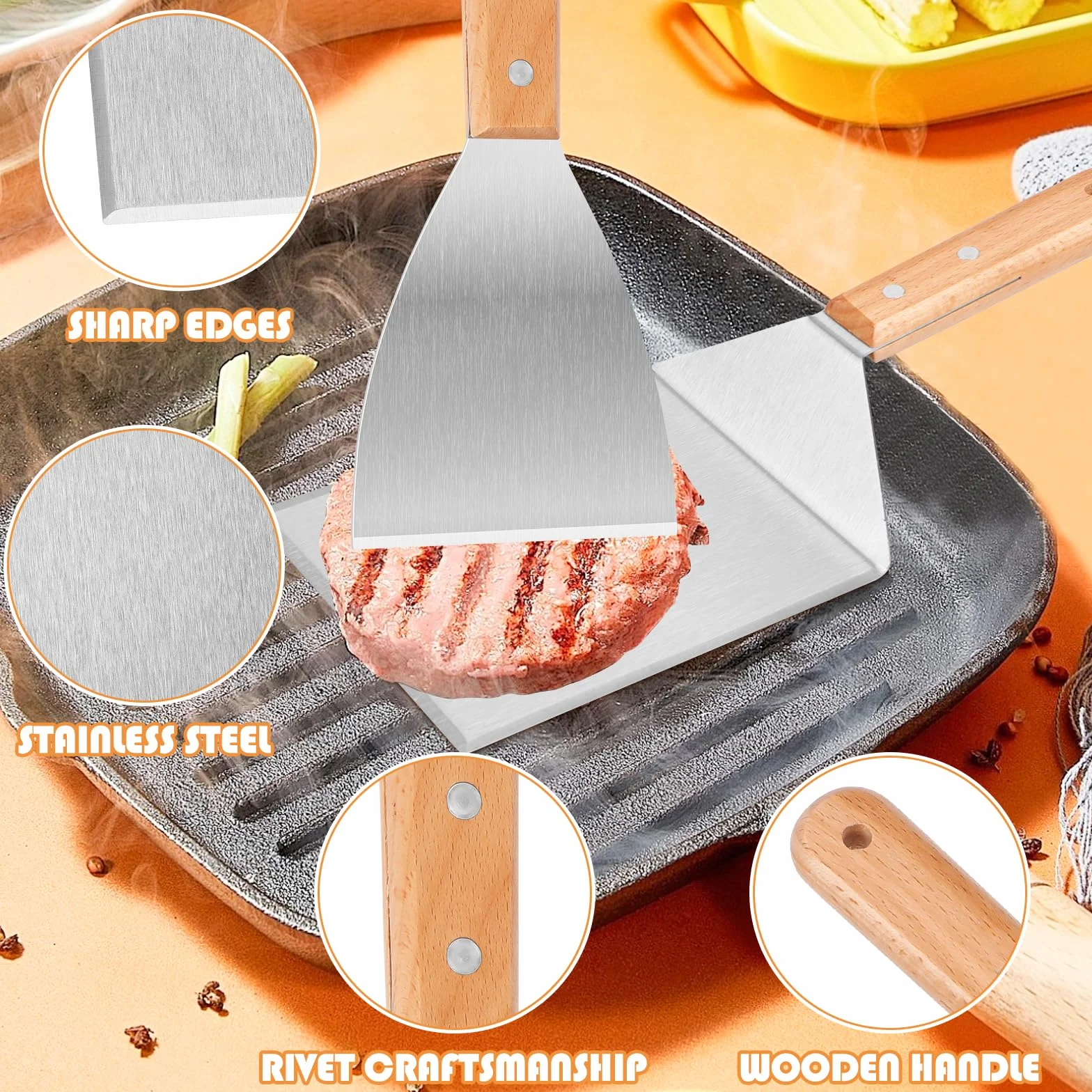 Zestaw łopatek do grilla ze stali nierdzewnej, zestaw łopat do grilla z drewnianym uchwytem, zestaw sztućców do grilla, narzędzie BBQ, obrotnica do burgerów, łopatka do plancha, łopatka do patelni do