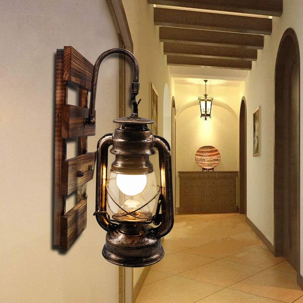 rustykalna nafta lampa montowana na ścianie, E27 hak wisząca lampa ścienna z drewnianą podstawą, wewnątrz bar kawa restauracja korytarz dekoracje kinkiety
