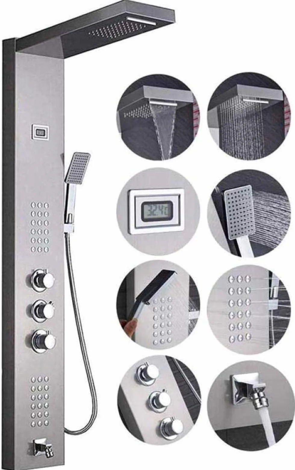 System Prysznicowy Bateria Prysznicowa Termostatyczny Panel Prysznicowy Wieża Ze Stali Nierdzewnej Kolumna Prysznicowa Cyfrowy Wyświetlacz Temperatury Dysze System Masażu