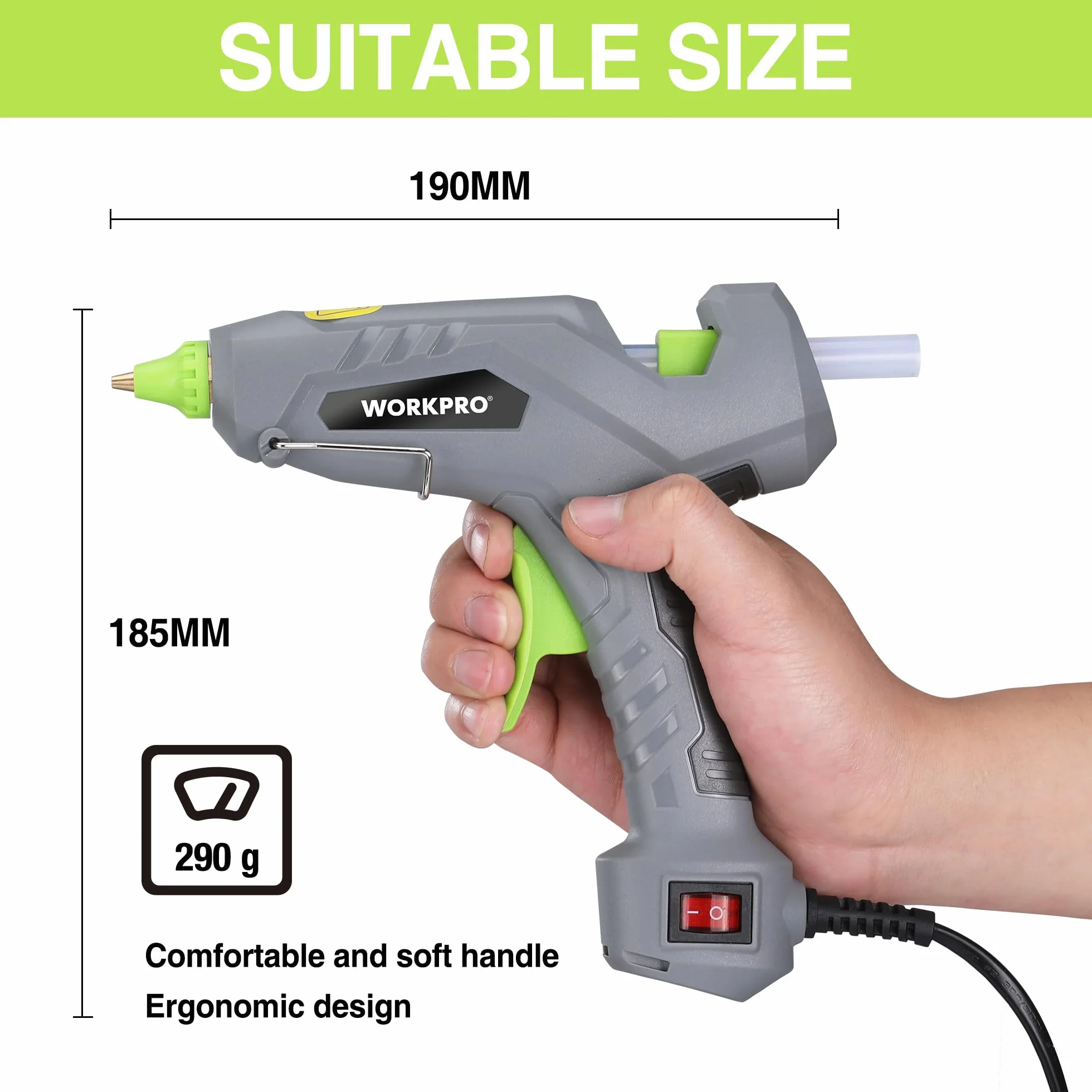 WORKPRO Pistolet do klejenia na gorąco 60 W z 20 sztyftami klejowymi 11 x 100 mm, elektryczny pistolet do szybkiego nagrzewania, do naprawy, sztuki i majsterkowania, zielono-szaro-czarny