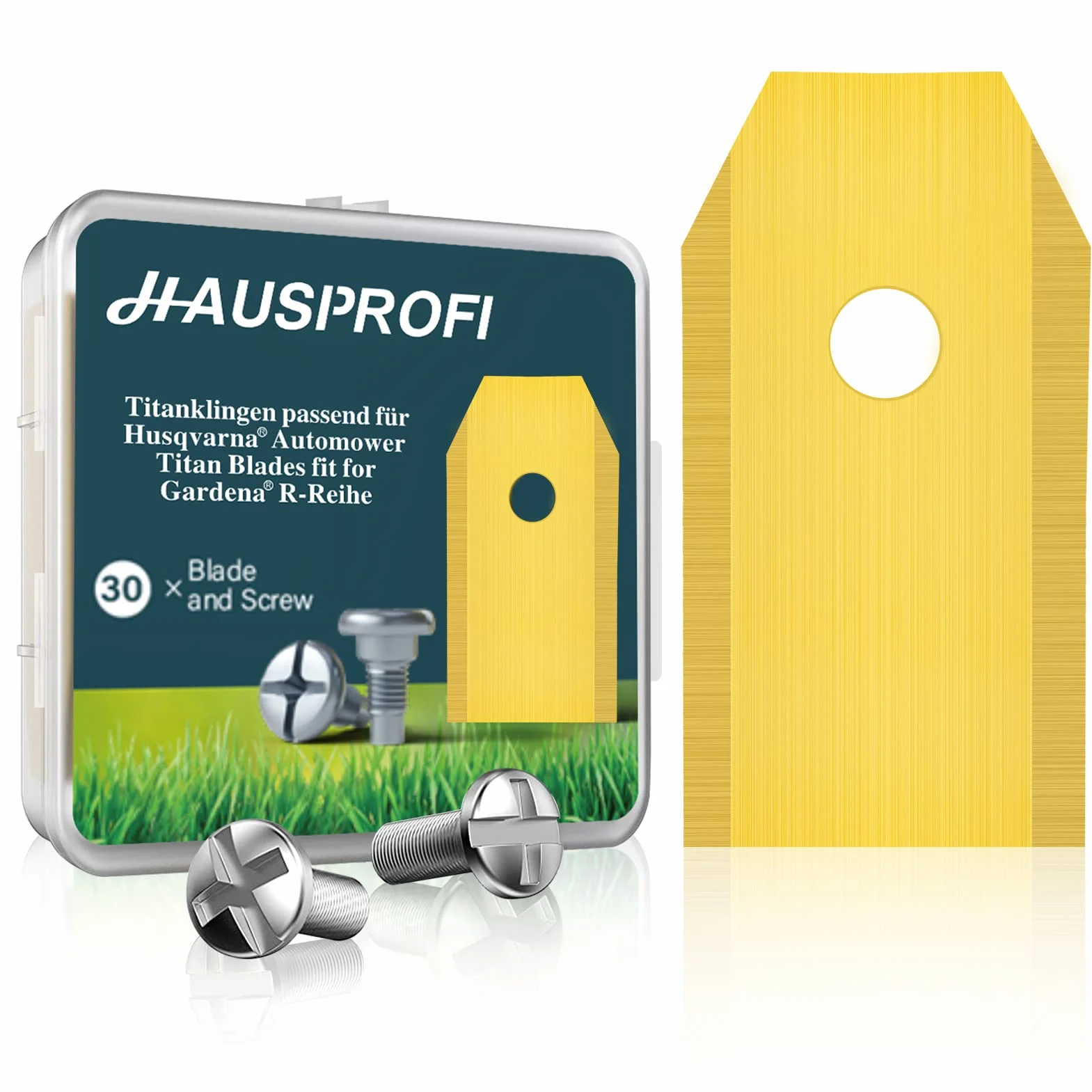 HAUSPROFI 30 x tytanowe noże do koszenia, bardzo ostre ostrza zamienne, odpowiednie do wszystkich robotów koszących Husqvarna, Gardena Yard Force, uniwersalne noże zapasowe, w zestawie 30 śrub