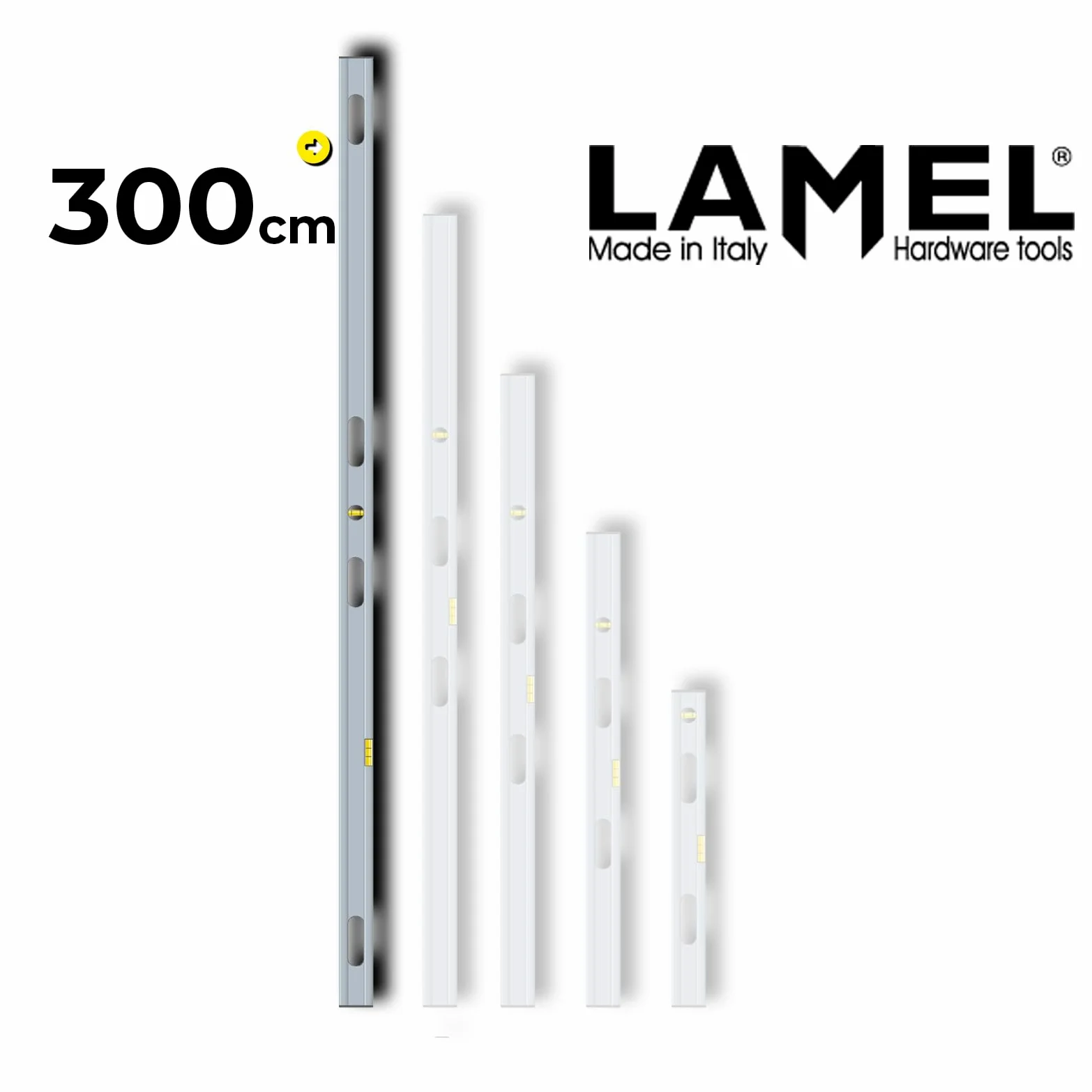 LAMEL Poziomica 300 cm, wyprodukowana we Włoszech, z 4 uchwytami, anodowana, z 1 poziomnicą poziomą i 1 poziomnicą pionową.