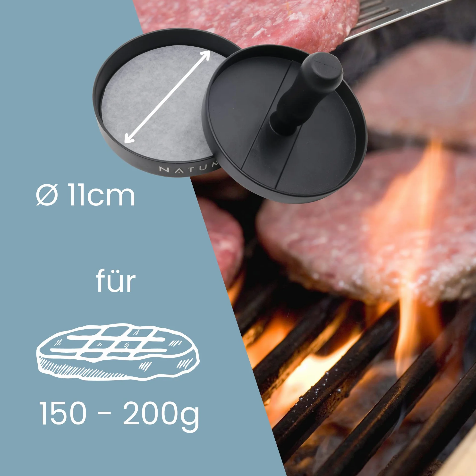 NATUMO prasa do burgerów Ø 11cm 200g z antyprzywarającą powłoką zestaw