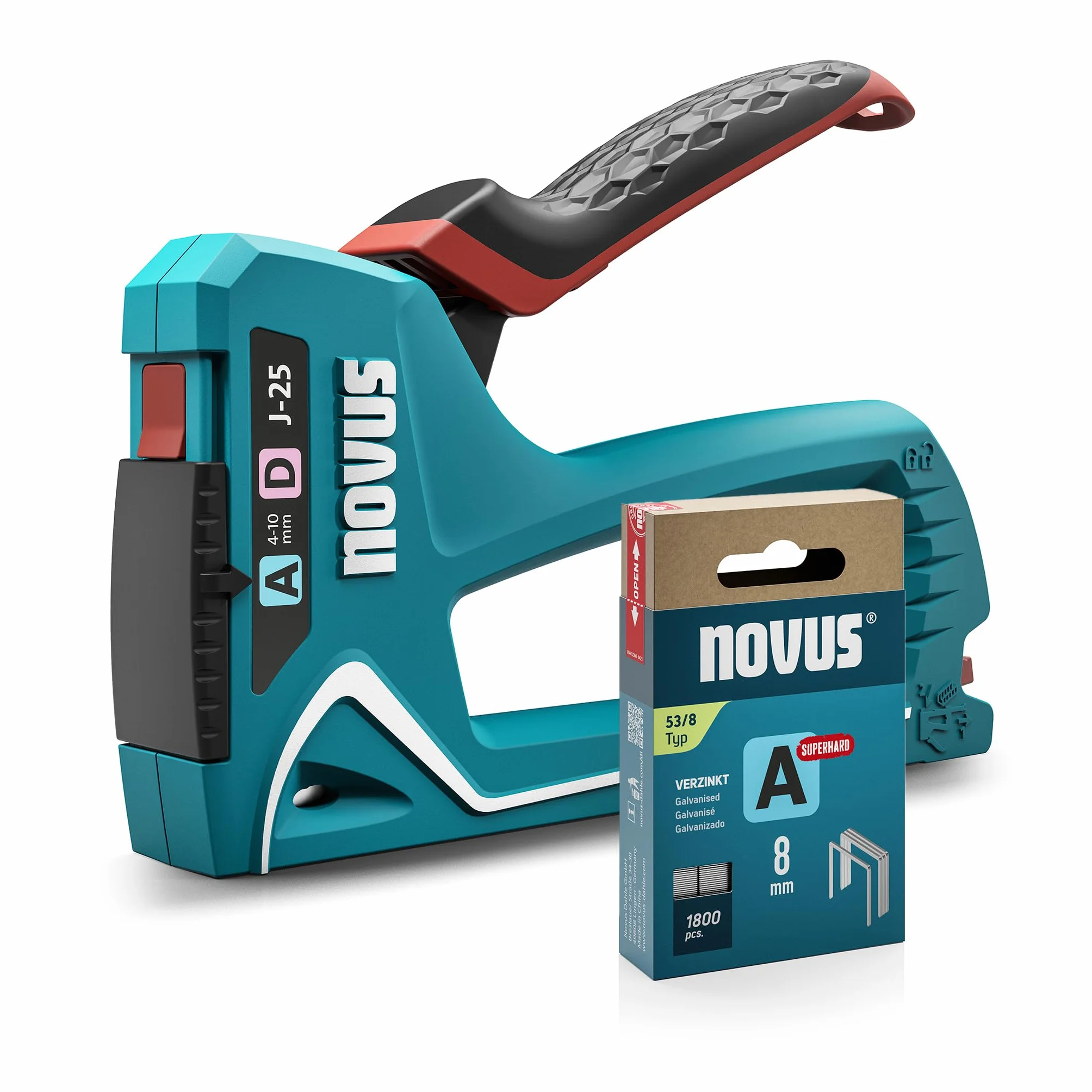 NOVUS TOOLS Zszywacz ręczny J-25, zestaw ze 1800 zszywkami, mały, uniwersalny zszywacz do drewna z metalową obudową i miękkim uchwytem, do cienkiego drutu i zszywek z drutu płaskiego od 4 do 10 mm