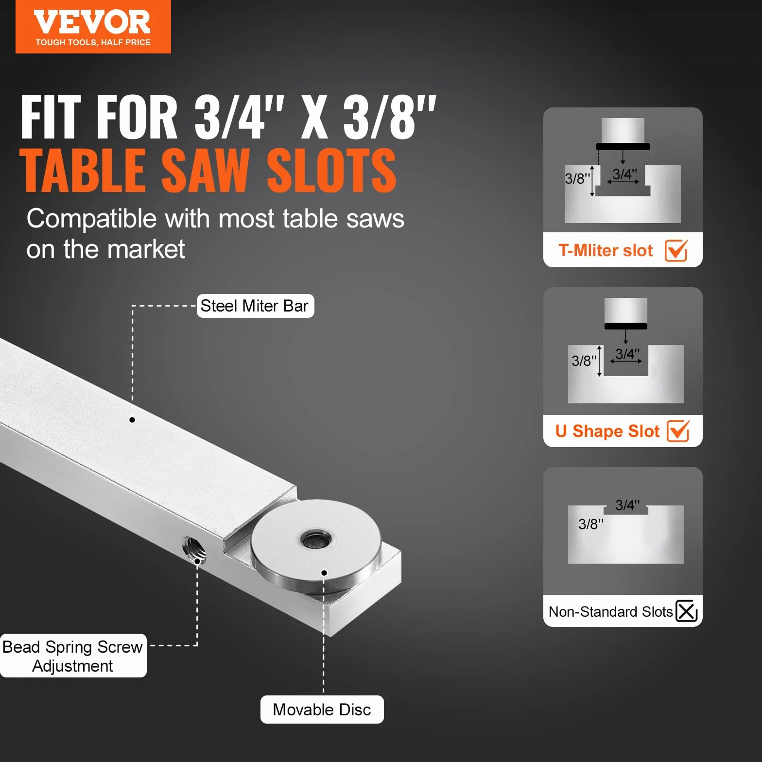VEVOR Ogranicznik skośny, standardowa szczelina 19 x 10 mm, ogranicznik piły stołowej ze stopu aluminium z siatką 46 cm, 15 ogranicznikami kątowymi, tłok i zdejmowana tarcza, do obróbki drewna
