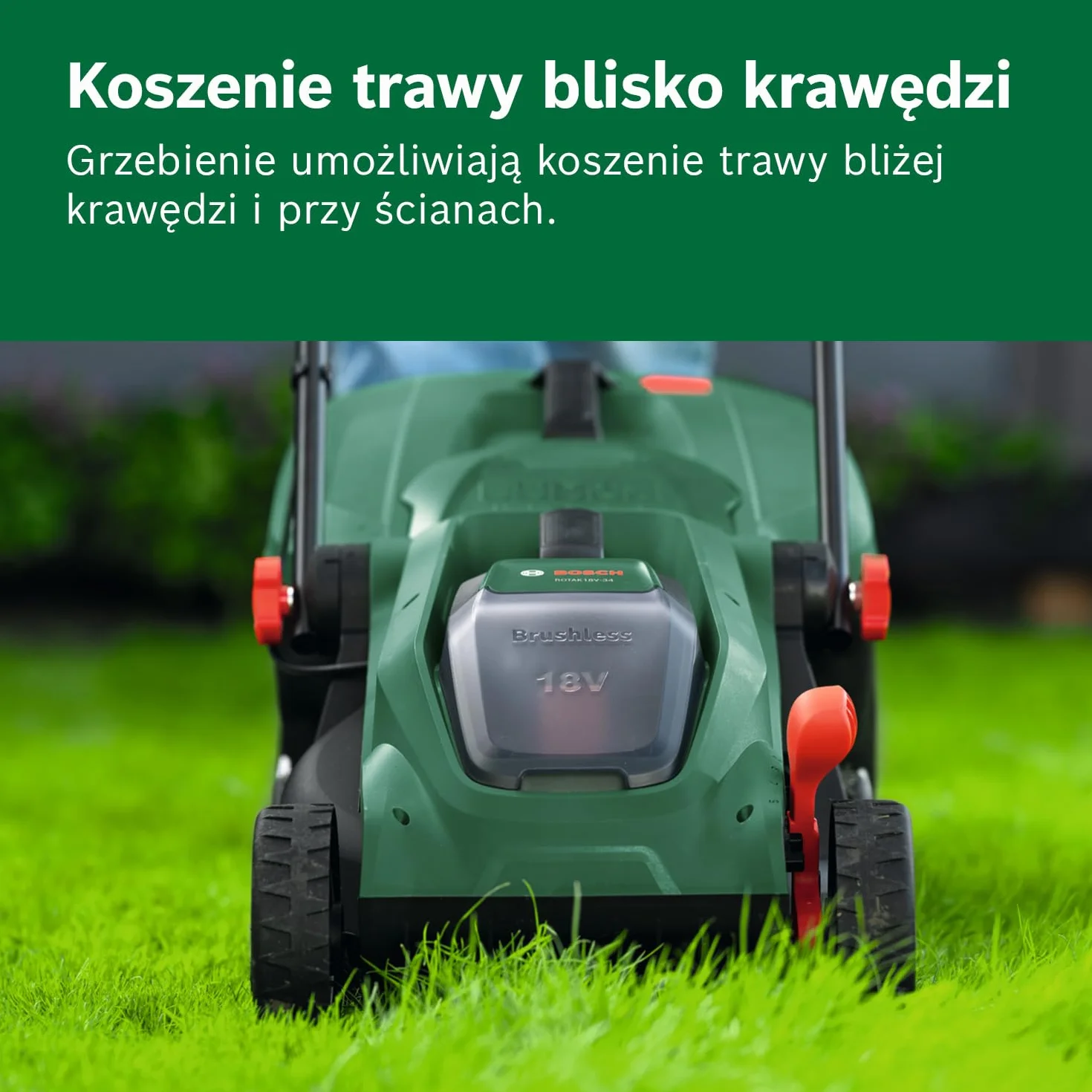 Bosch Kosiarka akumulatorowa ROTAK18V-34 (szerokość cięcia: 34 cm, wysokość cięcia: 25 – 65 mm, materiałowy worek na trawę 35 l, przystawka do mulczowania, akumulator i ładowarka)
