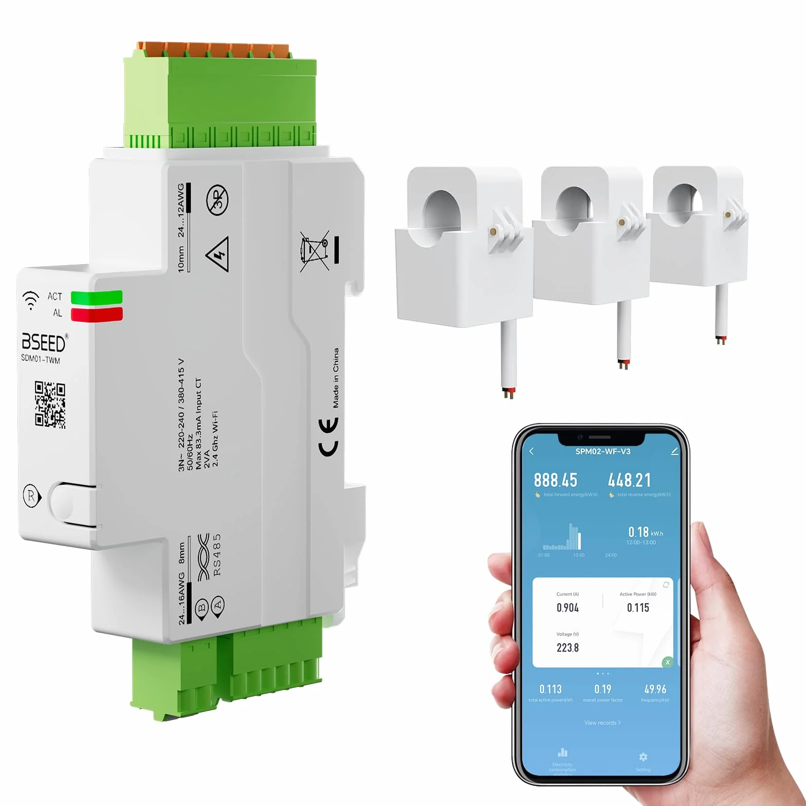 BSEED 3-fazowy inteligentny licznik prądu, 120A szyna DIN WLAN licznik energii z pomiarem zużycia prądu, Modbus RS485 RTU, zdalne sterowanie APP, przechowywanie danych, monitorowanie solarne