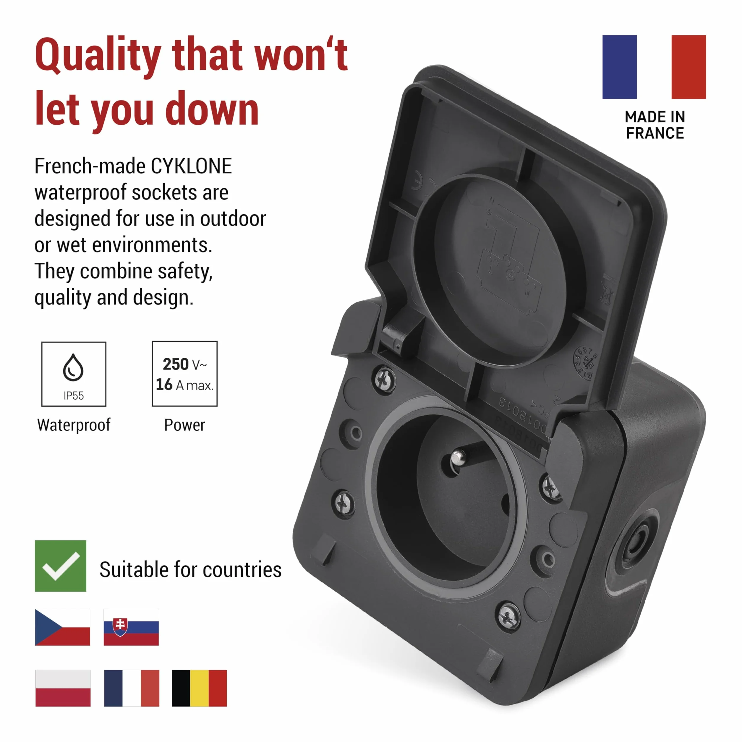 EMOS Cyklone - Gniazdo zewnętrzne z pokrywą na zawiasach/gniazdo ścienne, standard french - IP55 - wewnątrz/na zewnątrz/miejsca wilgotne - natynkowe, montaż ścienna - szare/antracytowe