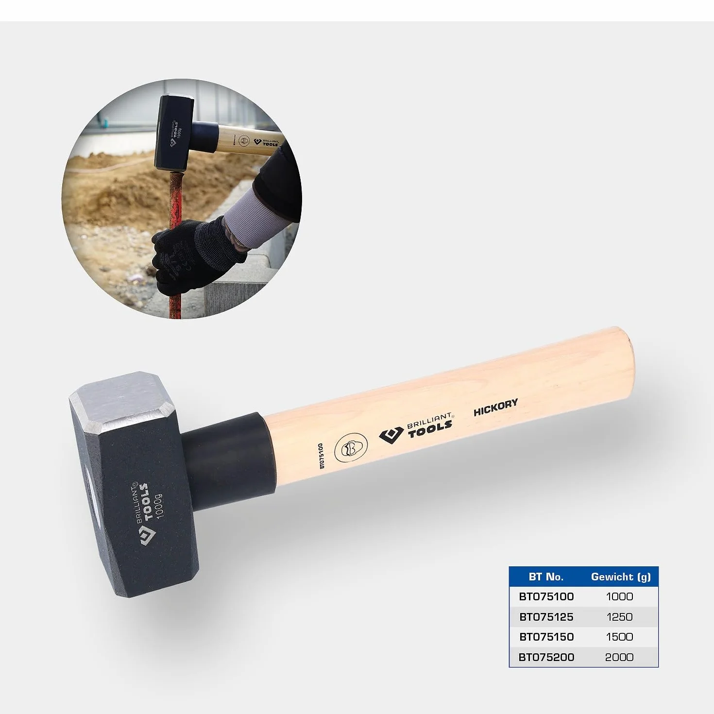 BRILLIANT TOOLS BT075100 Młotek dwuobuchowy z trzonkiem hickory, 1000 g [Powered by KS TOOLS]